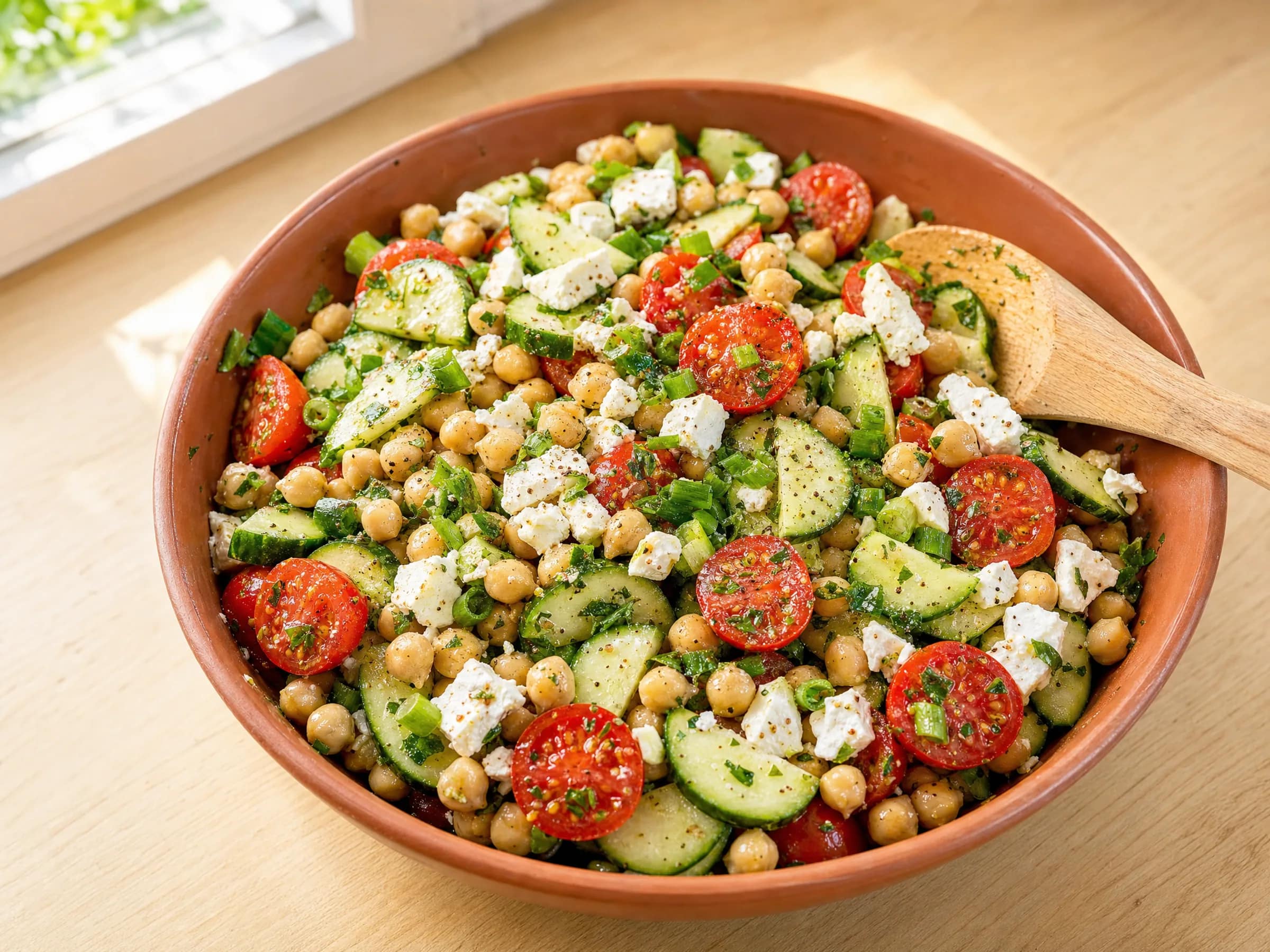 Kichererbsensalat mit Feta, Gurke und Tomaten