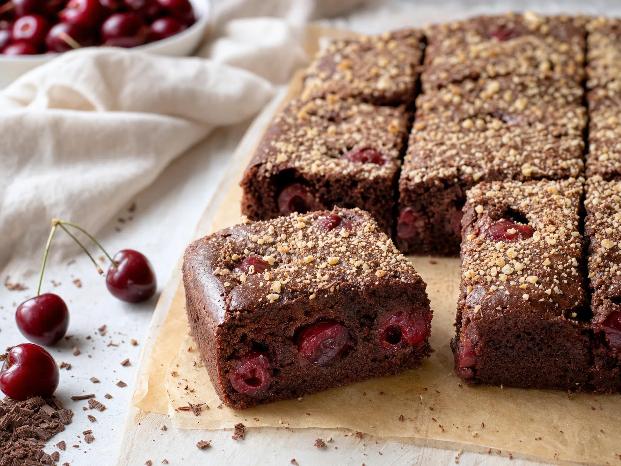 Saftiger Schoko-Kirsch-Kuchen vom Blech Saftiger Schoko-Kirsch-Kuchen vom Blech mit roten Kirschen, dunklem Rührteig und Schokoraspeln