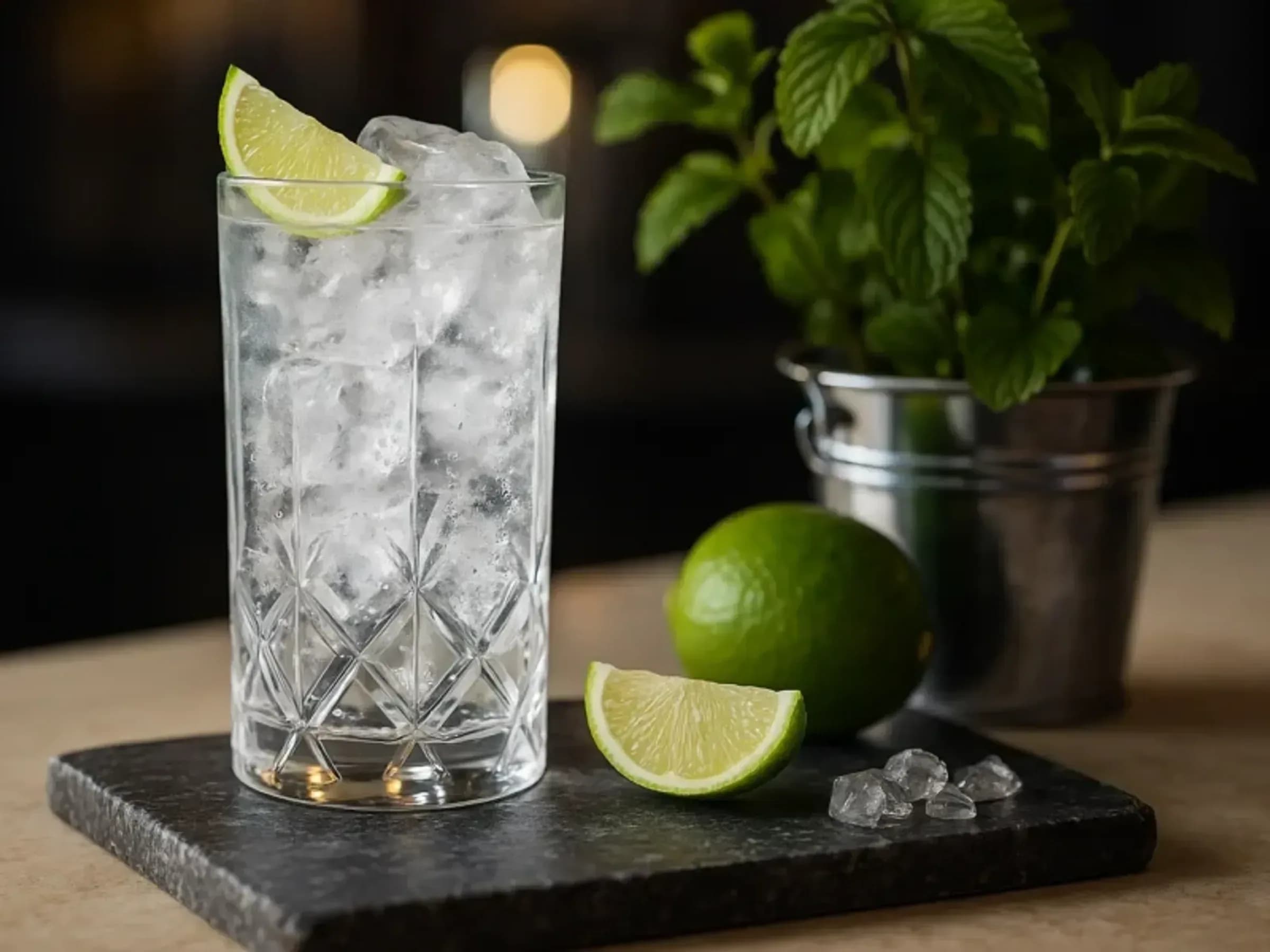 Klassischer Gin Tonic mit Limette Klassischer Gin Tonic mit Eiswürfeln und Limettenspalte im Glas