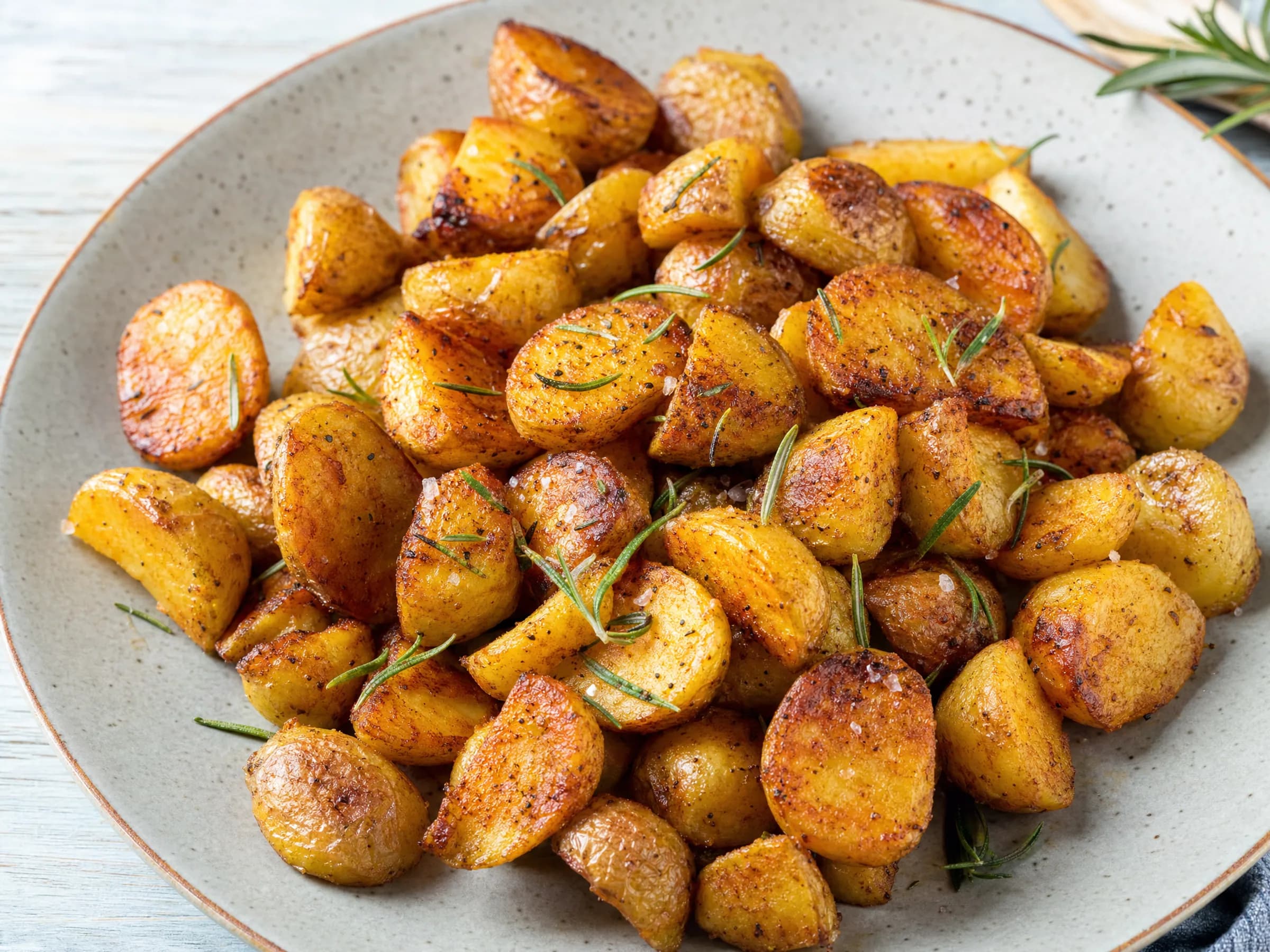 Knusprige Ofenkartoffeln vom Blech mit Schale Rezeptfoto Knusprige Ofenkartoffeln vom Blech mit Schale fertig angerichtet