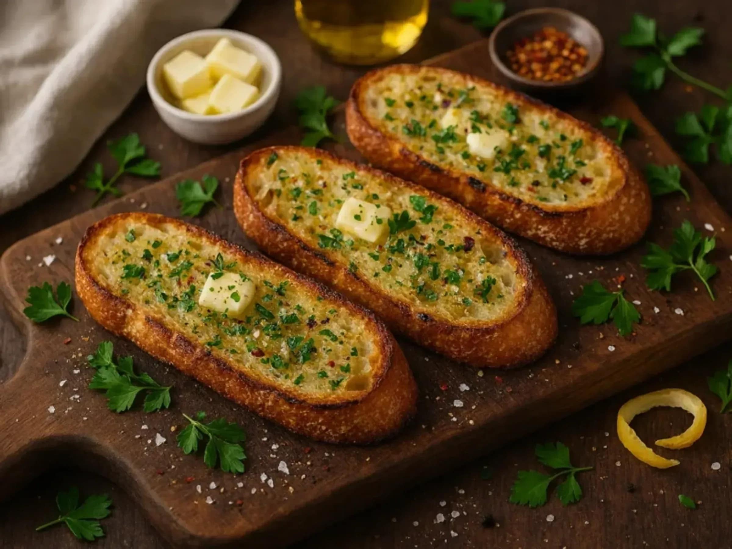 Knoblauchbrot mit Kräuterbutter Rezeptfoto Knoblauchbrot mit Kräuterbutter fertig angerichtet