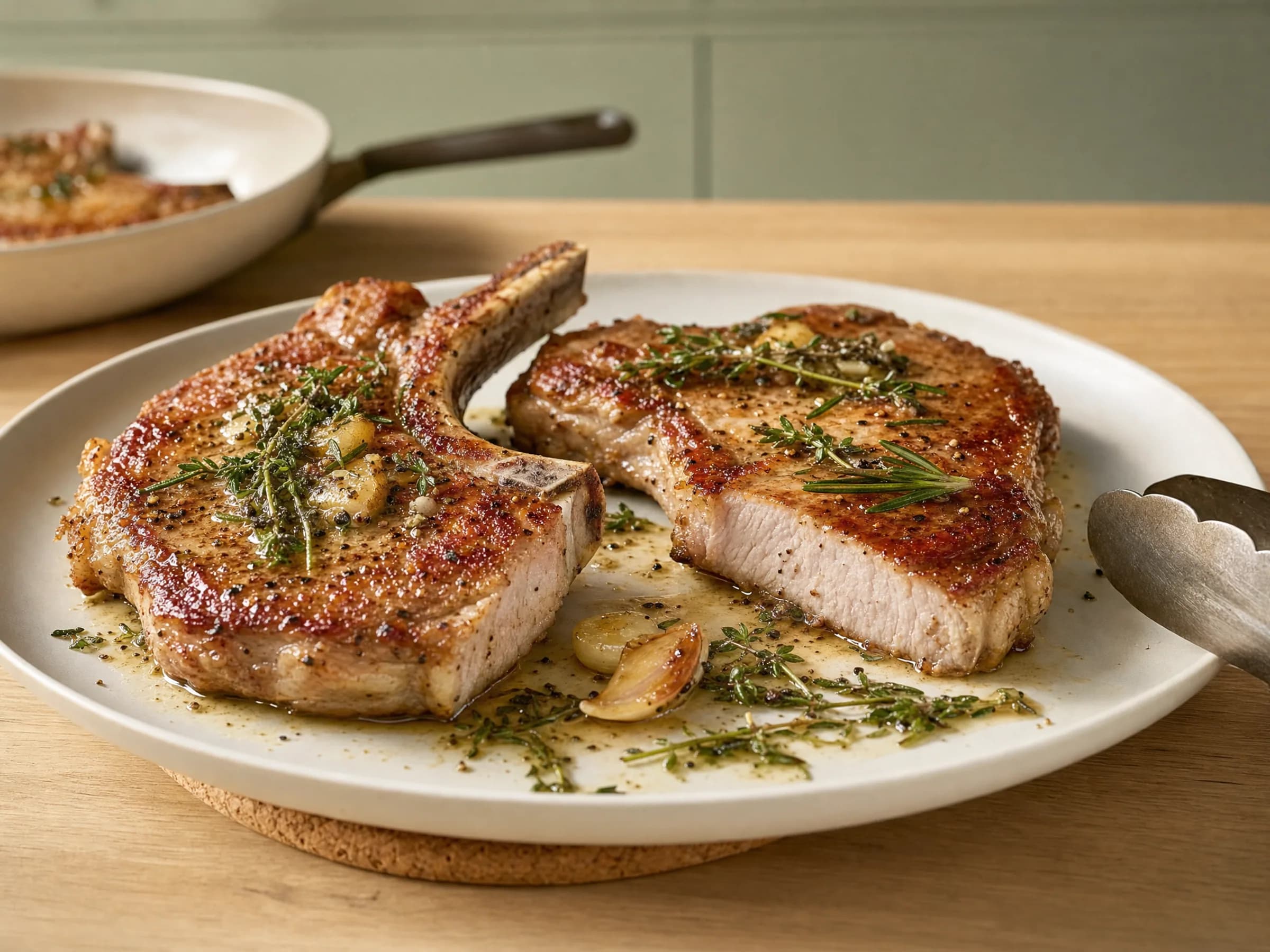 Kotelett braten – Pfannenmethode mit Kräuterbutter Rezeptfoto Kotelett braten – Pfannenmethode mit Kräuterbutter fertig angerichtet