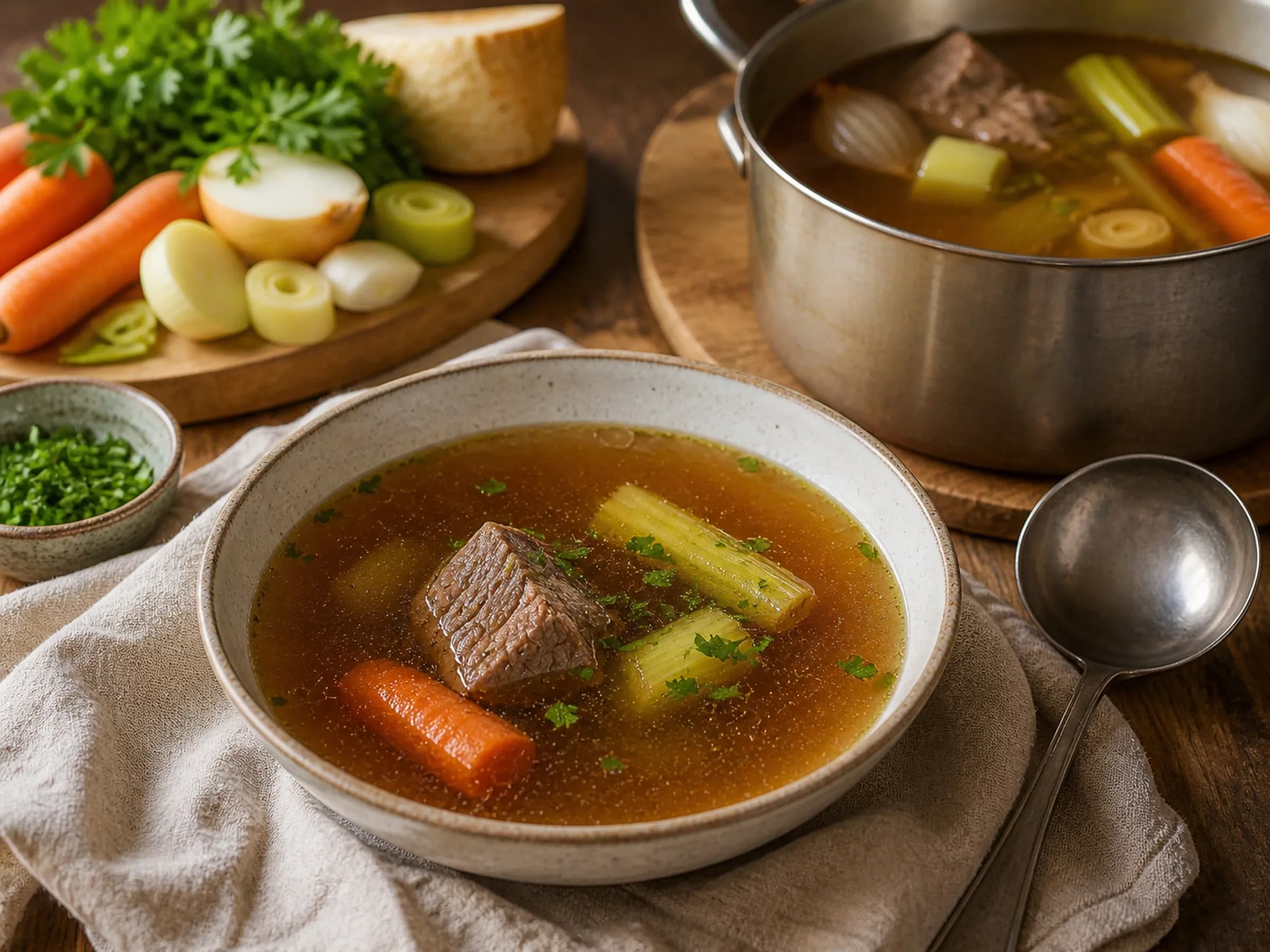 Kräftige Rinderbrühe mit Suppenfleisch Klare Rinderbrühe mit Suppenfleisch, Karotten und frischer Petersilie