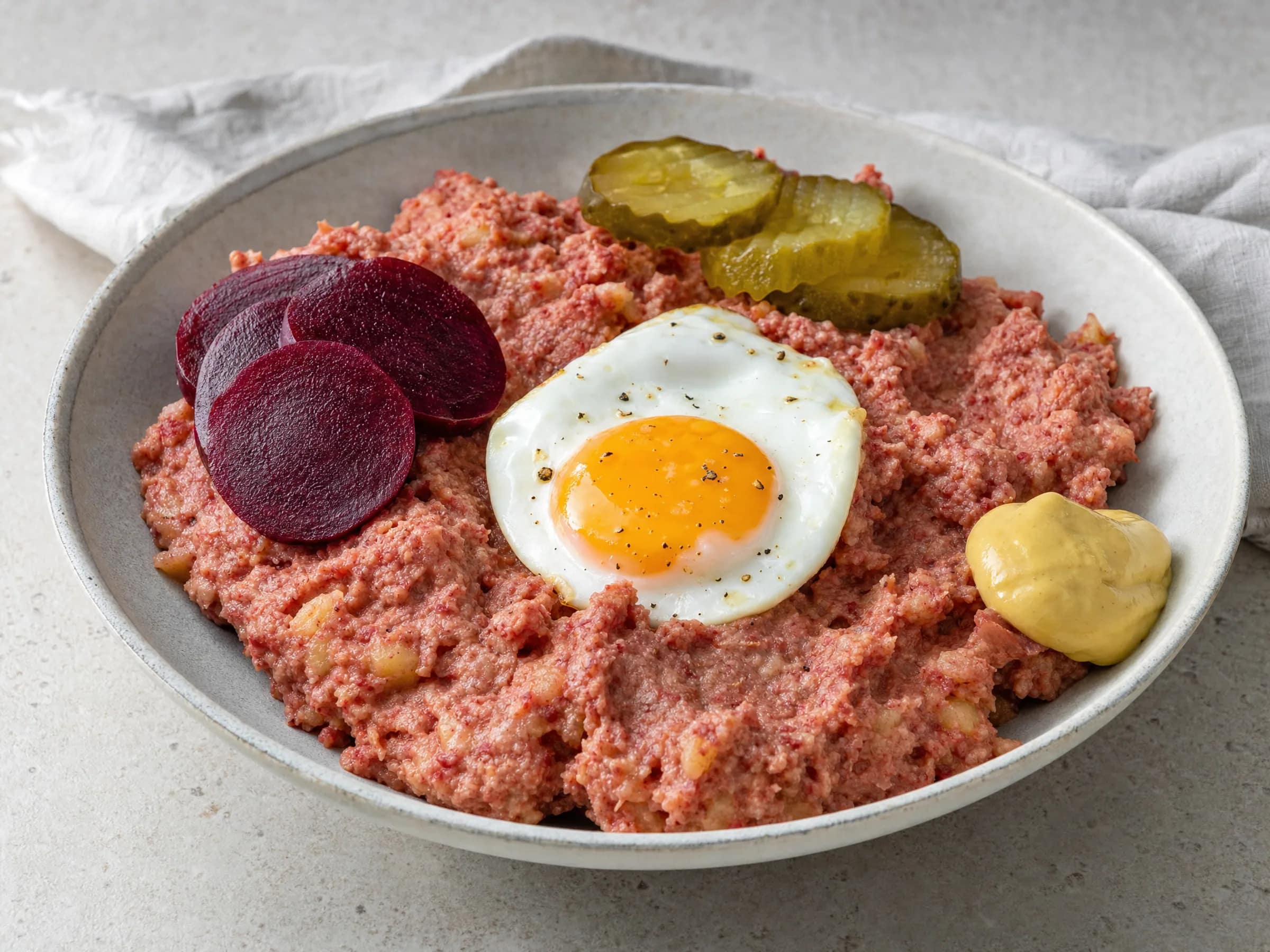 Labskaus mit Corned Beef wie in Hamburg Rezeptfoto Labskaus mit Corned Beef wie in Hamburg fertig angerichtet