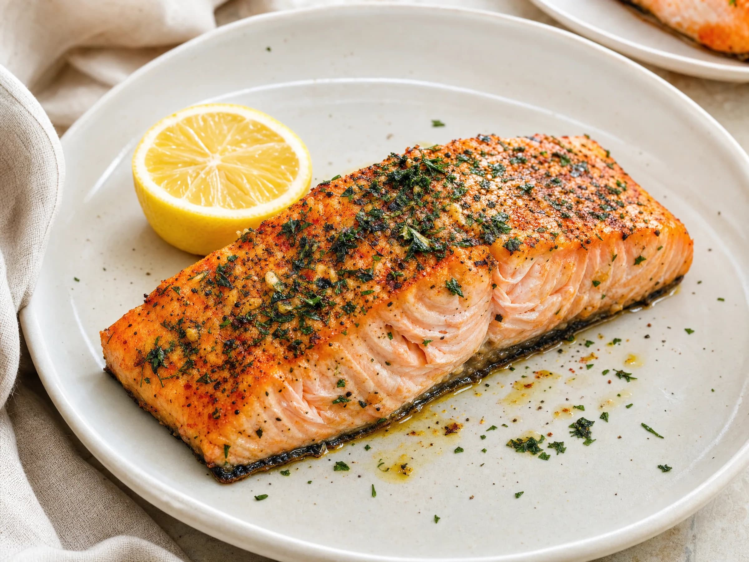 Lachs im Airfryer mit Zitrone und Kräutern Rezeptfoto Lachs im Airfryer mit Zitrone und Kräutern fertig angerichtet