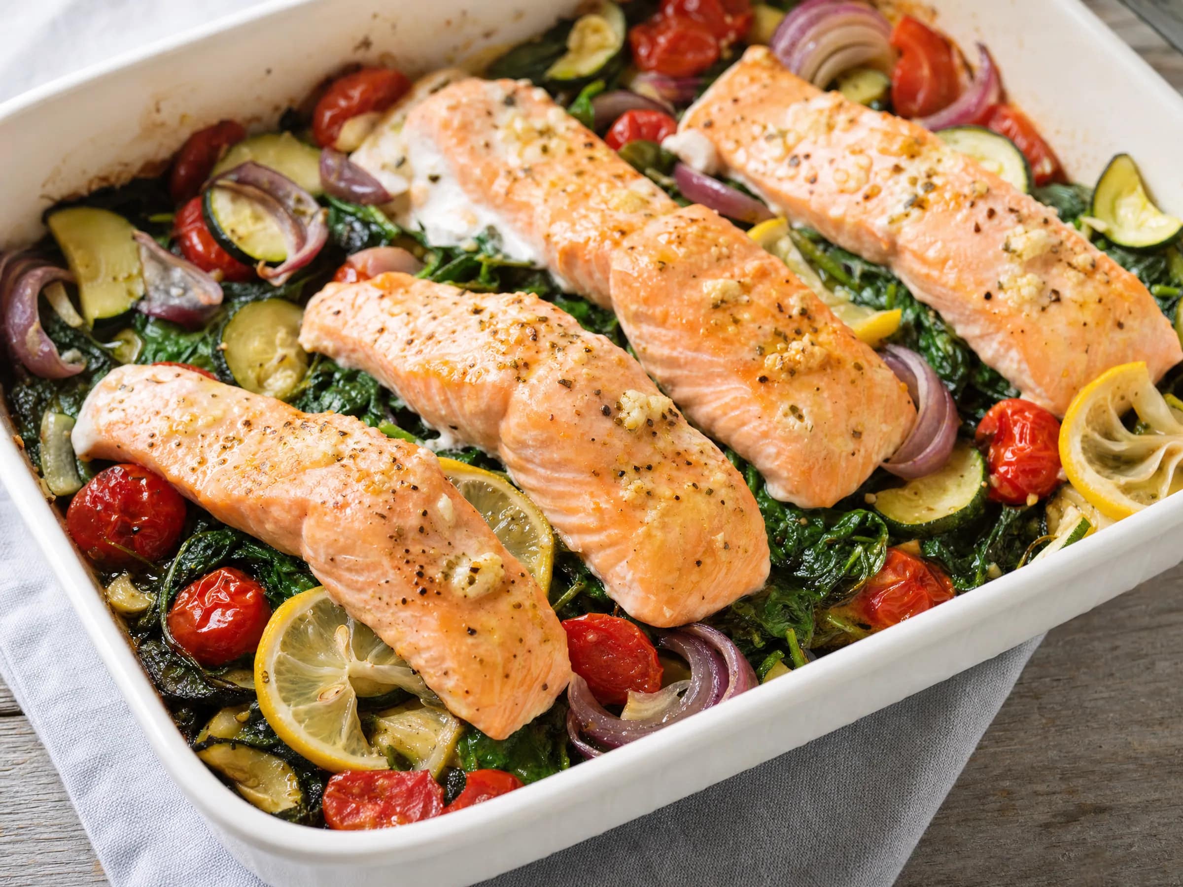 Lachs im Ofen mit Gemüse und Spinat