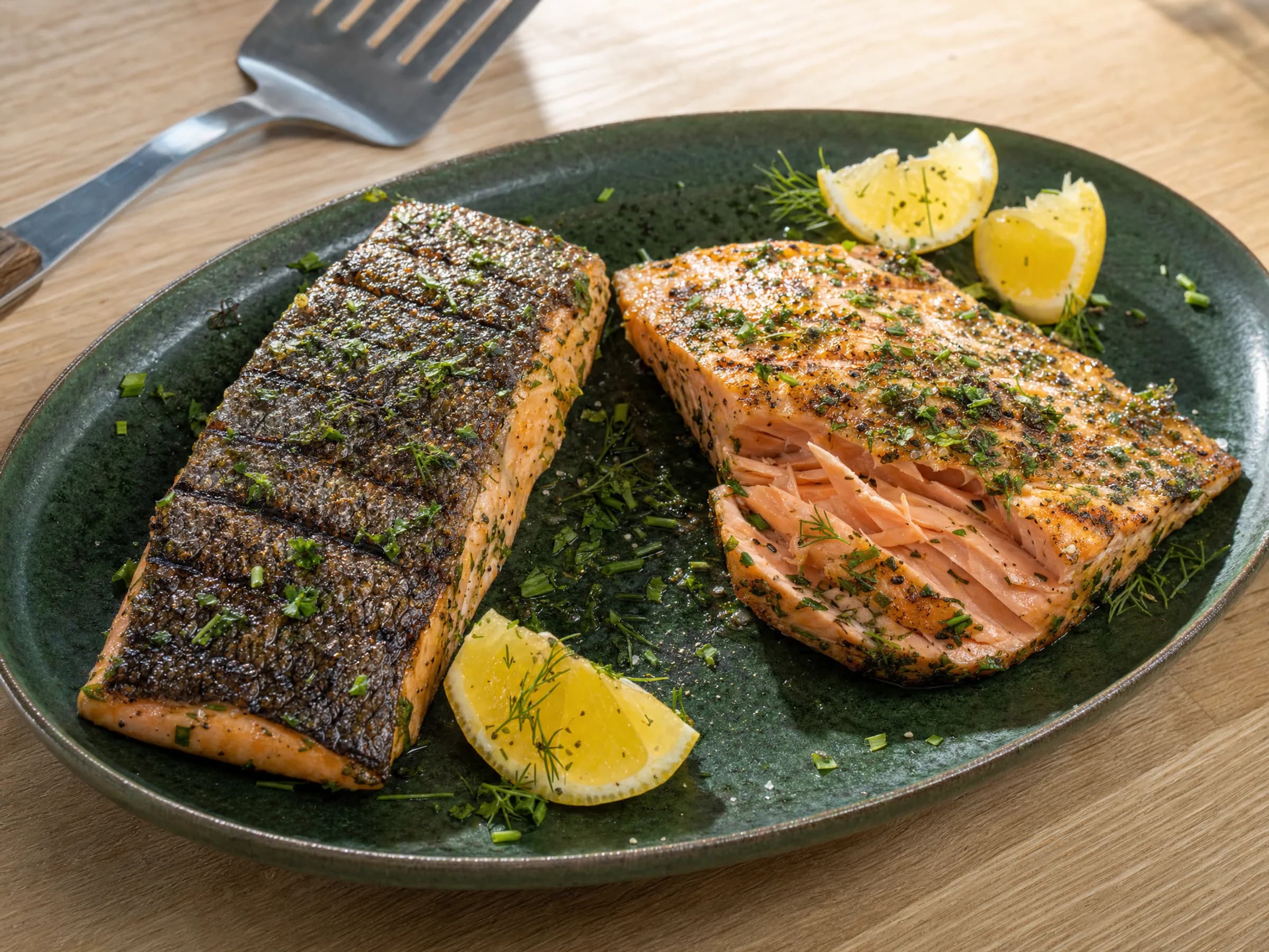 Lachs mit Haut grillen und Zitronen-Kräuter-Marinade Rezeptfoto Lachs mit Haut grillen und Zitronen-Kräuter-Marinade fertig angerichtet