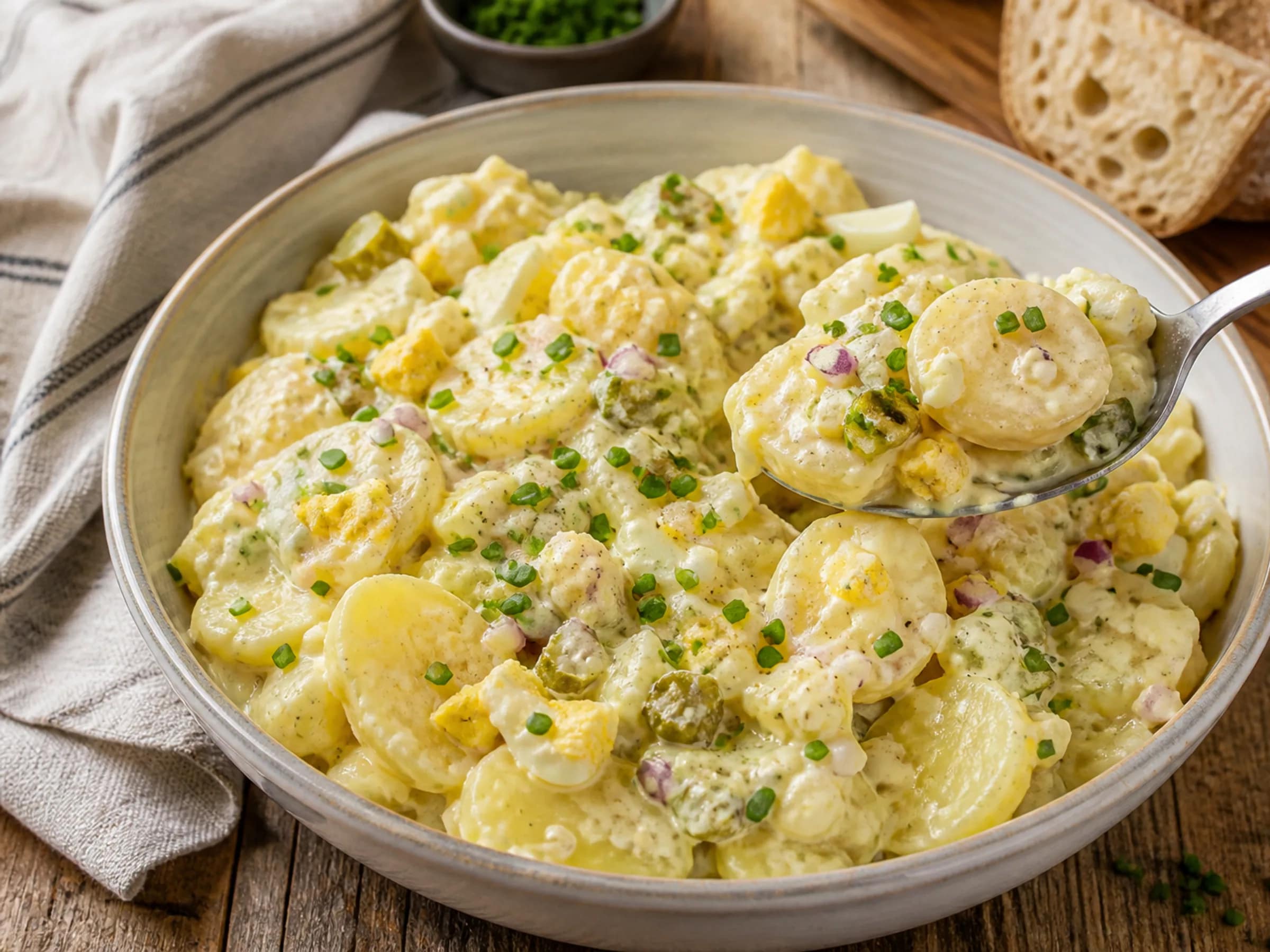 Cremiger Landfrauen-Kartoffelsalat mit Ei Cremiger Kartoffelsalat mit Ei, Gewürzgurken, roten Zwiebeln und Schnittlauch