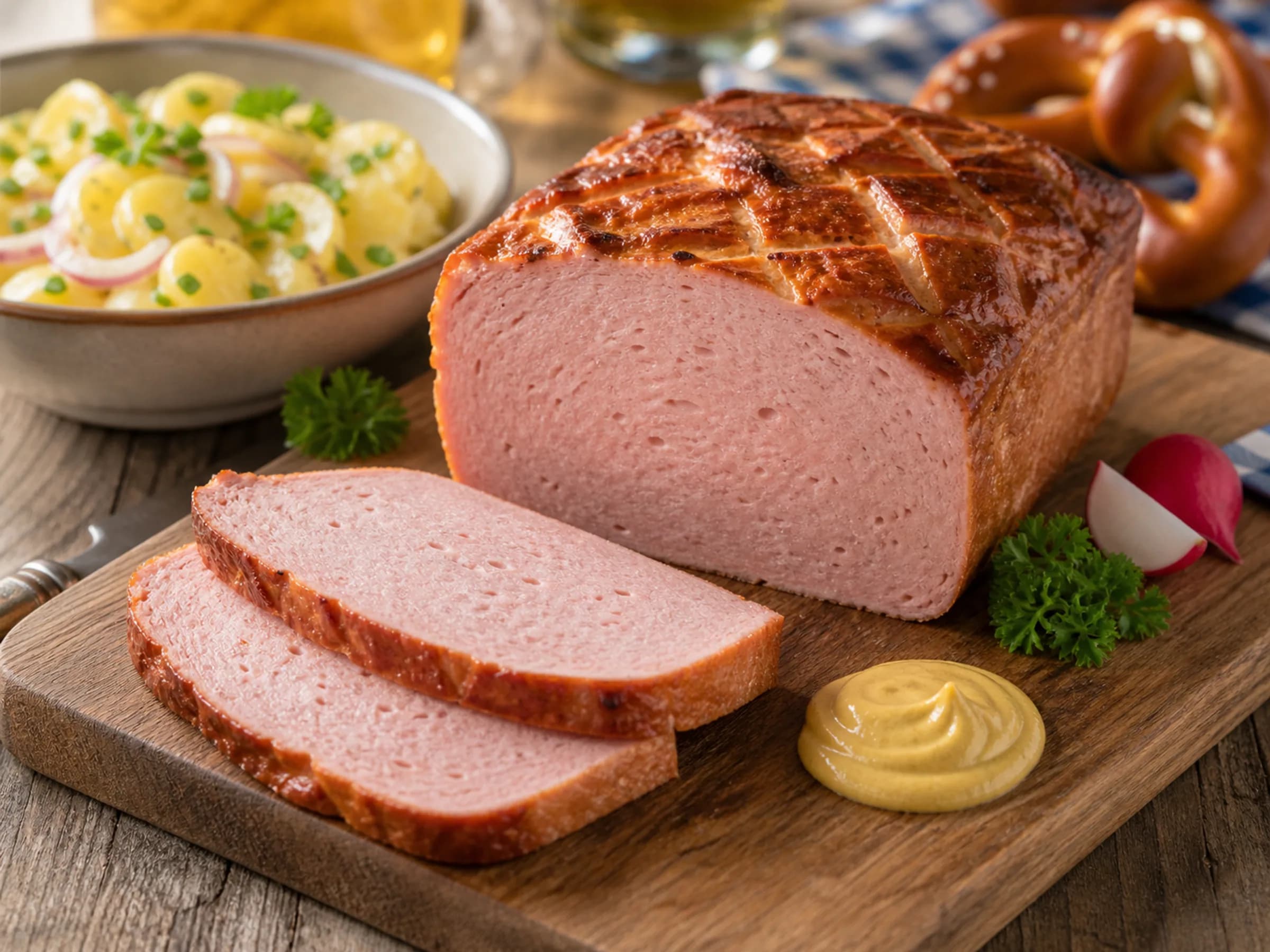 Leberkäse aus dem Ofen mit Kruste Aufgebackener Leberkäse mit goldbrauner Kruste, Scheiben und Senf