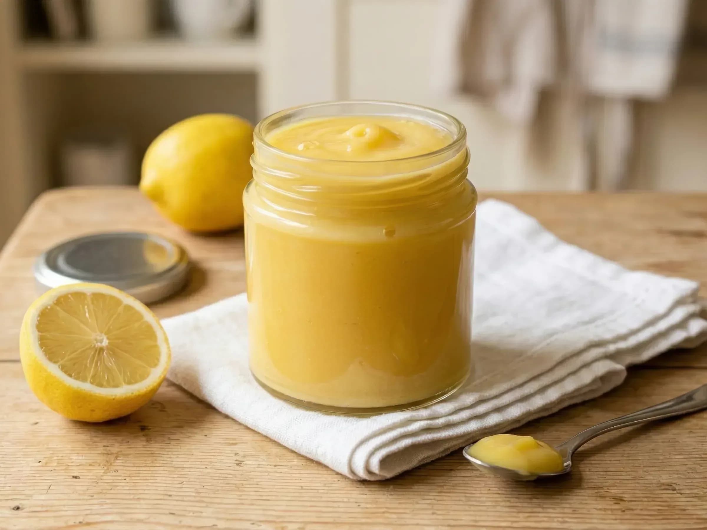 Lemon Curd im Glas Gelber Lemon Curd im Glas mit Zitrone und Löffel