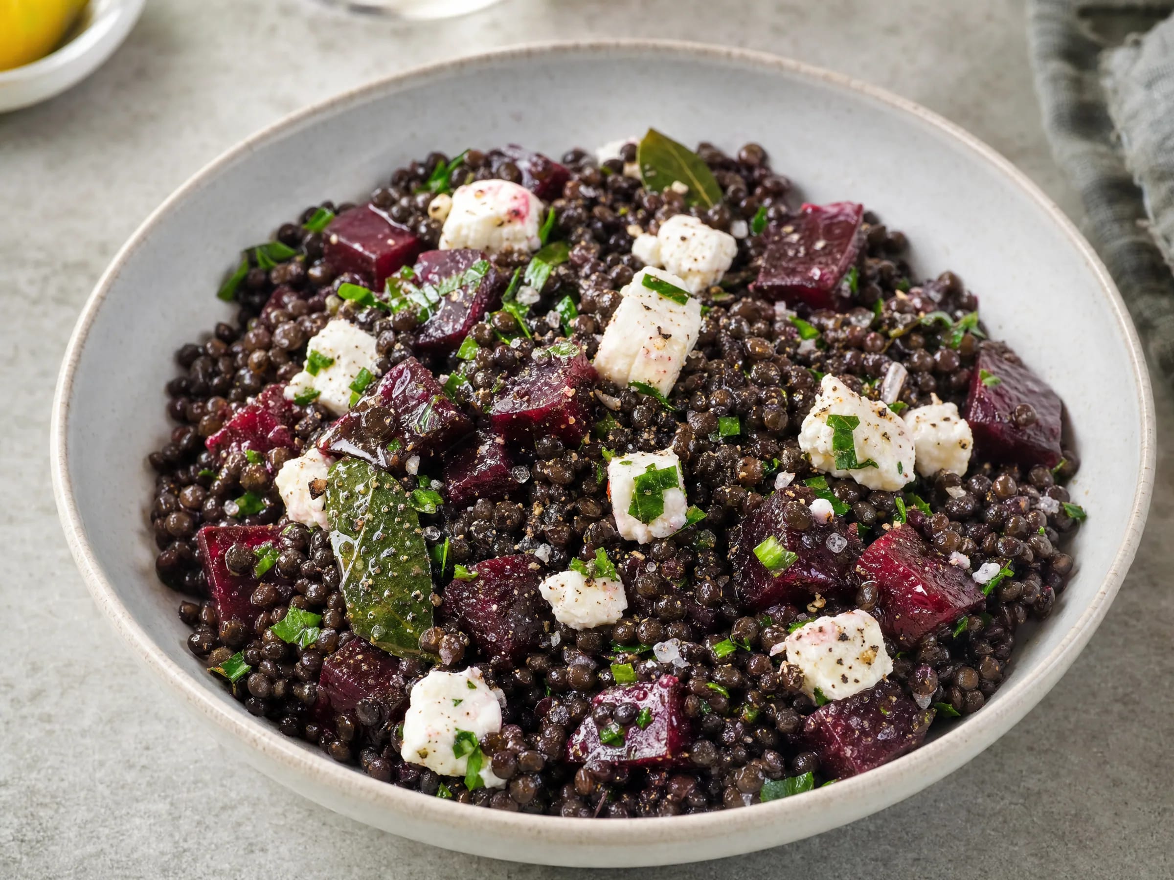 Kerniger Linsensalat mit Belugalinsen, Feta und Roter Bete Rezeptfoto Kerniger Linsensalat mit Belugalinsen, Feta und Roter Bete fertig angerichtet