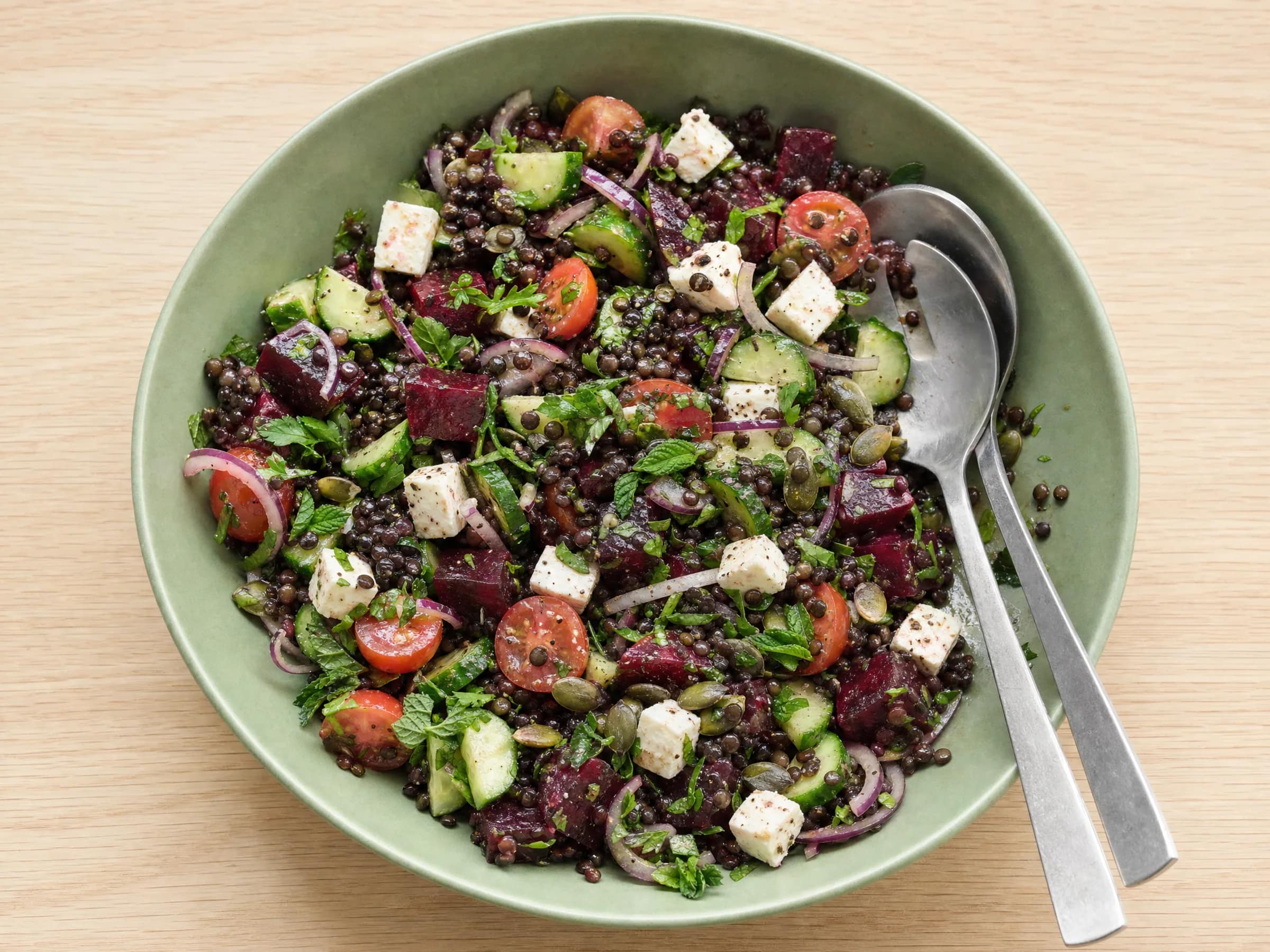 Kerniger Linsensalat mit Belugalinsen, Feta und Roter Bete Rezeptfoto Kerniger Linsensalat mit Belugalinsen, Feta und Roter Bete fertig angerichtet