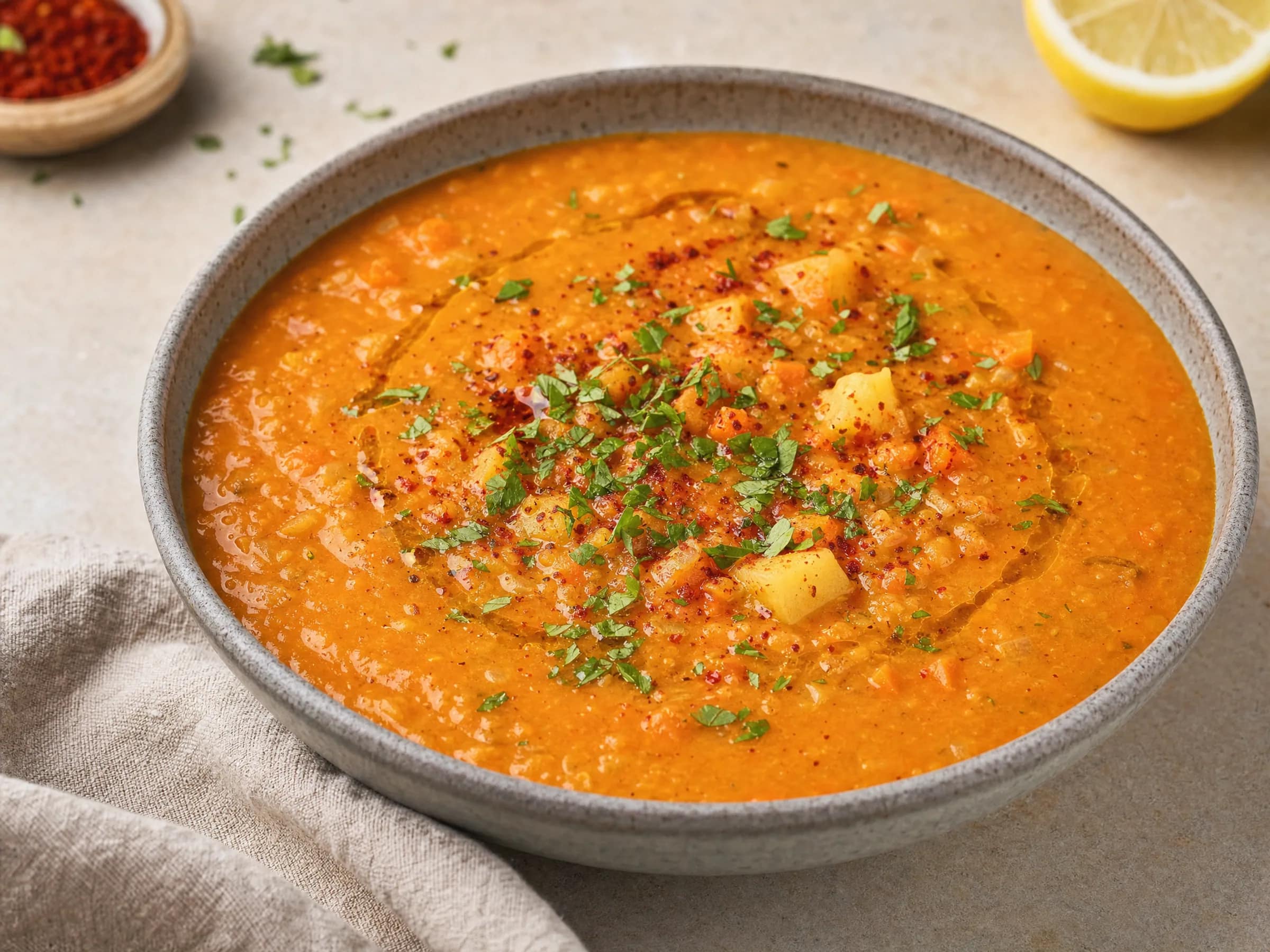 Türkische Linsensuppe mit roten Linsen und Zitrone