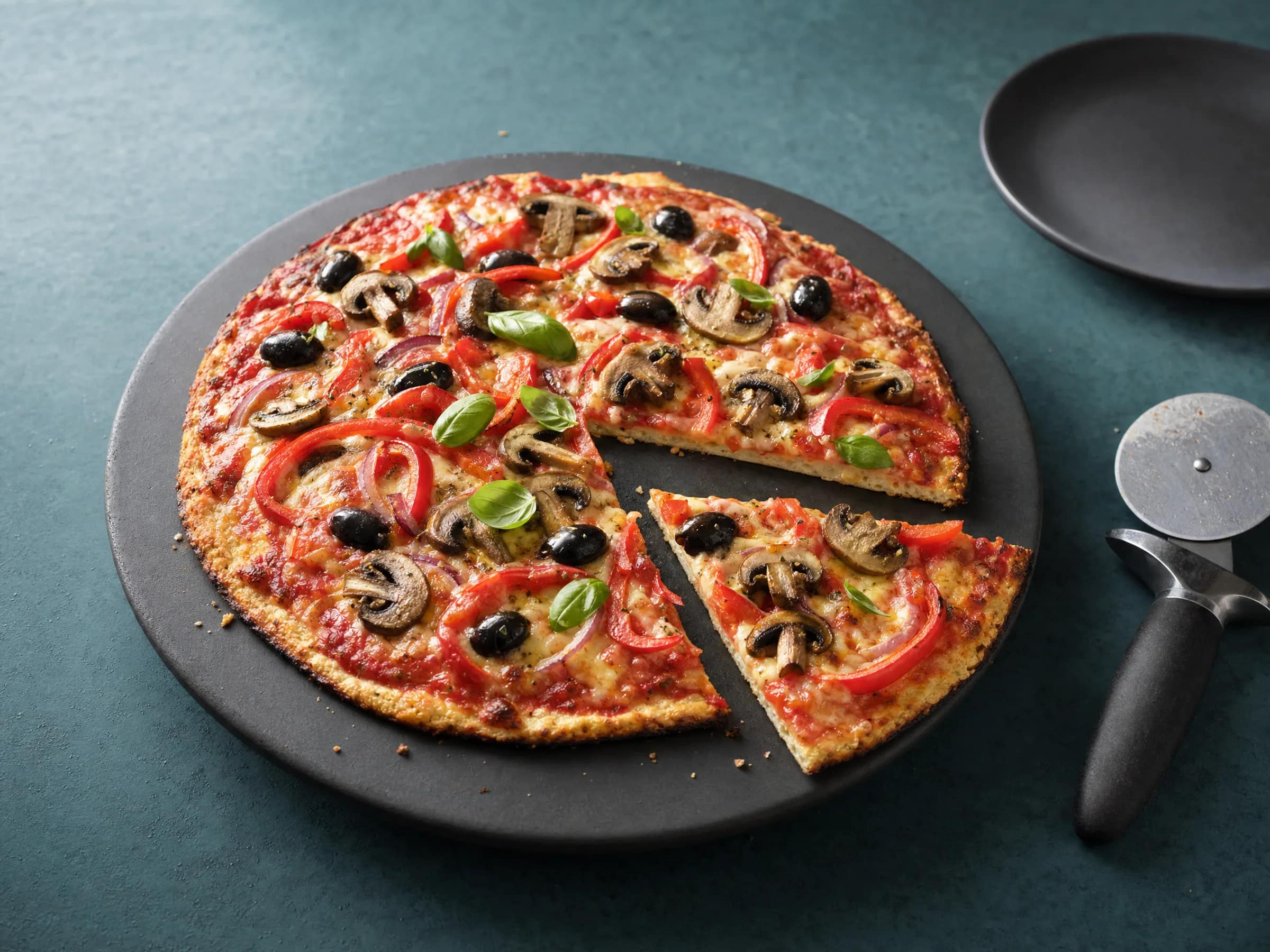 Low-Carb-Pizza mit Quarkboden, Paprika und Pilzen