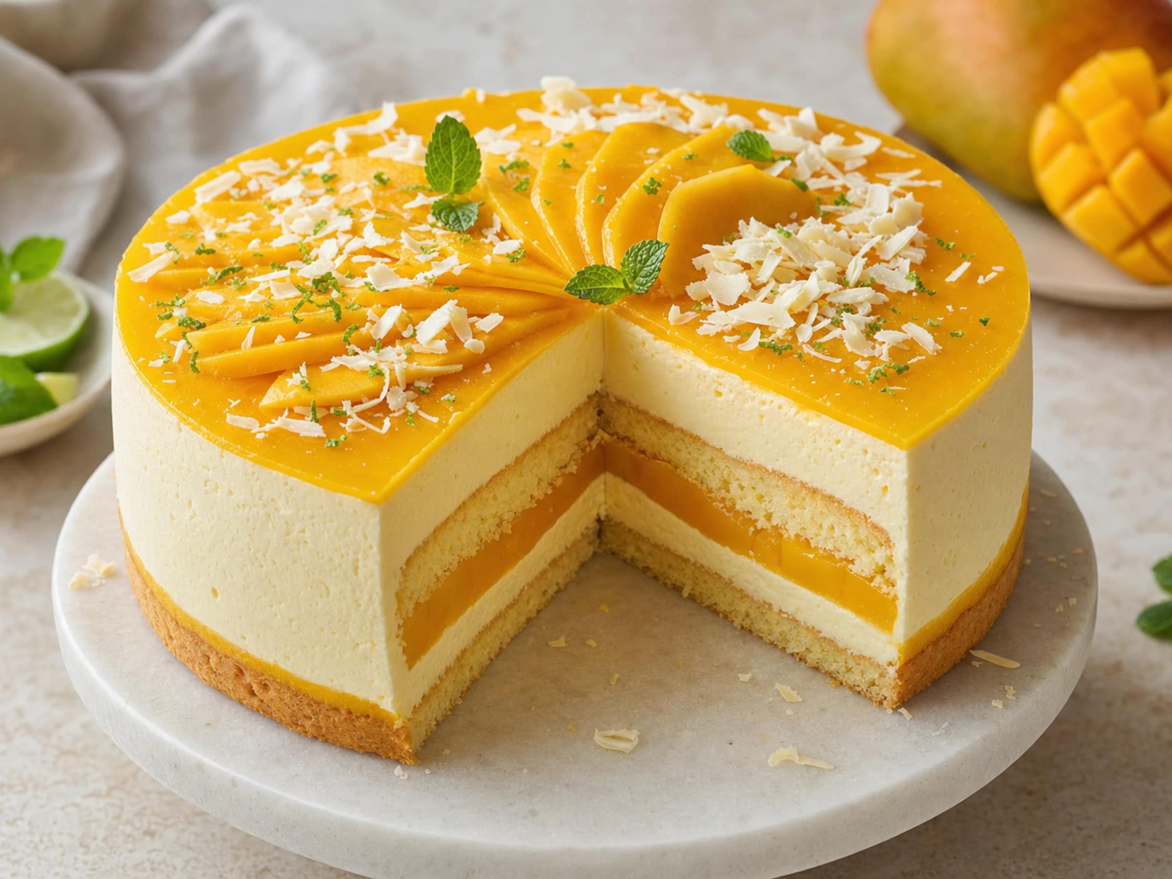 Mango-Torte mit Biskuitboden und Joghurt-Sahne-Creme