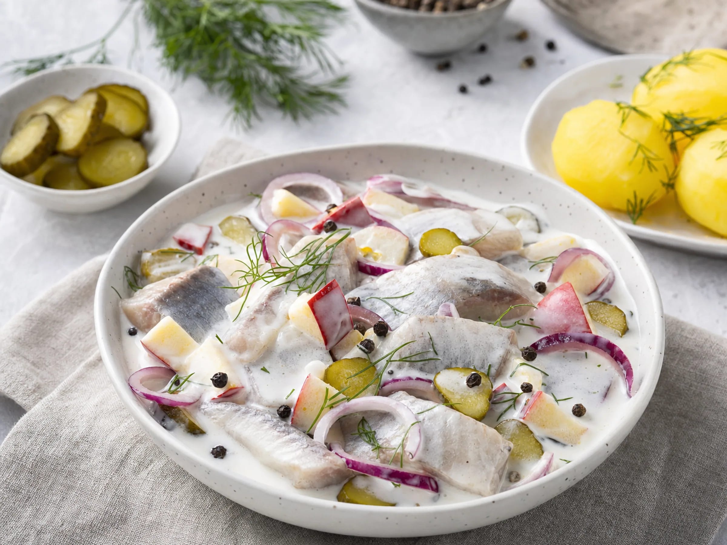 Marinierter Hering nach Hausfrauenart mit Pellkartoffeln Marinierter Hering in cremiger Sauce mit Apfel, roten Zwiebeln, Gewürzgurken, Dill und Pellkartoffeln