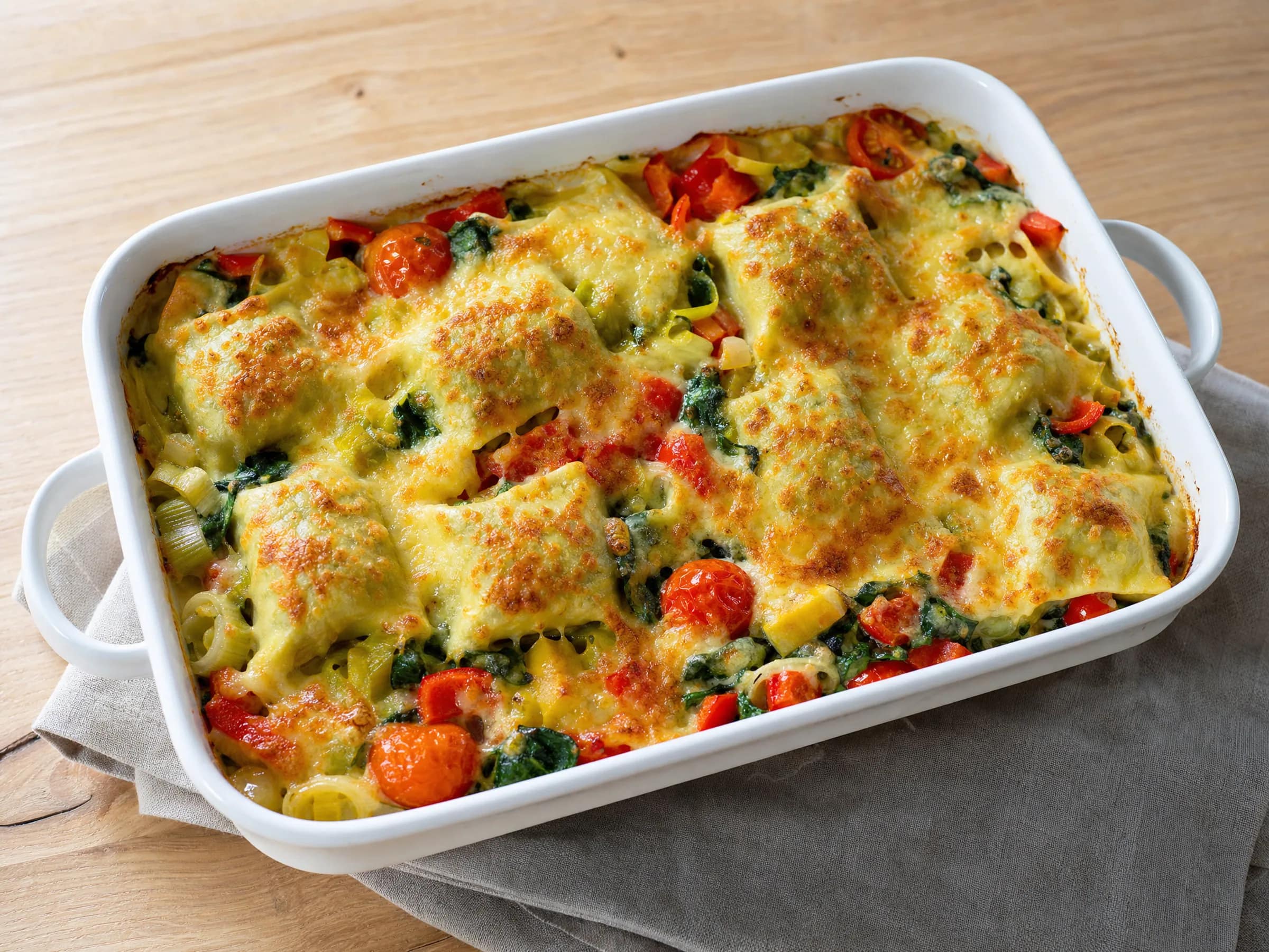 Maultaschen-Auflauf mit Gemüse, Spinat und Käsekruste