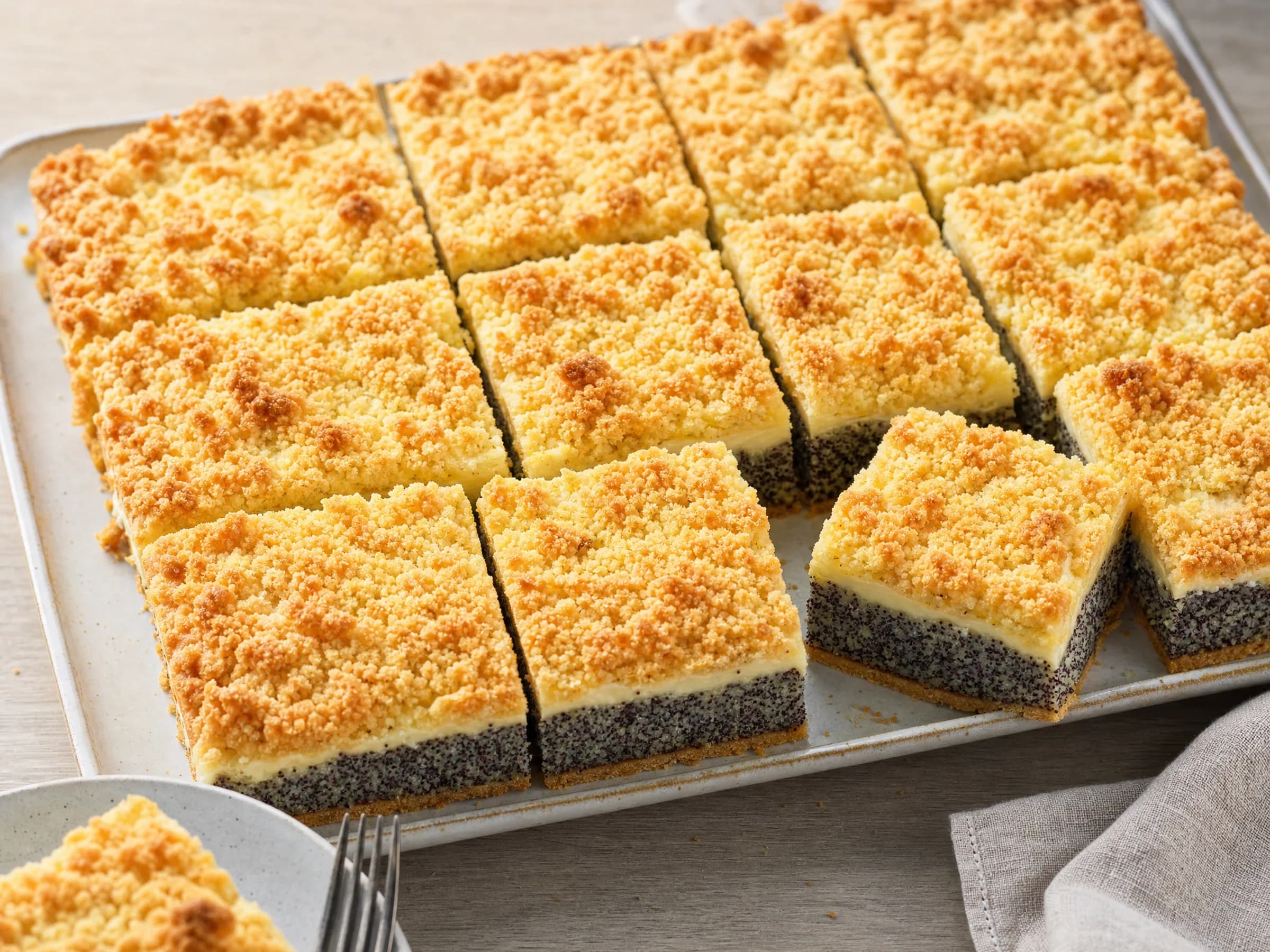Mohnkuchen vom Blech mit Streuseln und Schmandfüllung Rezeptfoto Mohnkuchen vom Blech mit Streuseln und Schmandfüllung fertig angerichtet