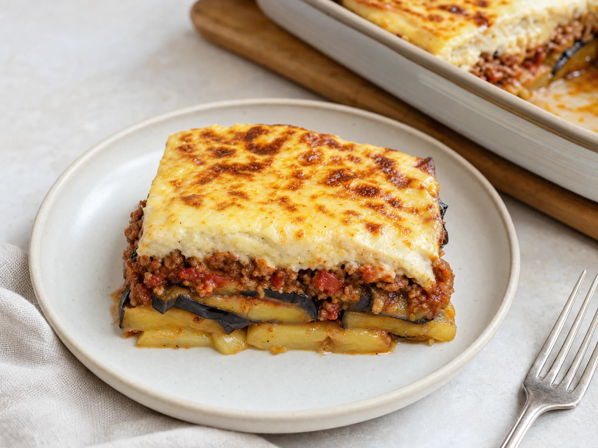 Griechische Moussaka mit Auberginen und Kartoffeln Rezeptfoto Griechische Moussaka mit Auberginen und Kartoffeln fertig angerichtet