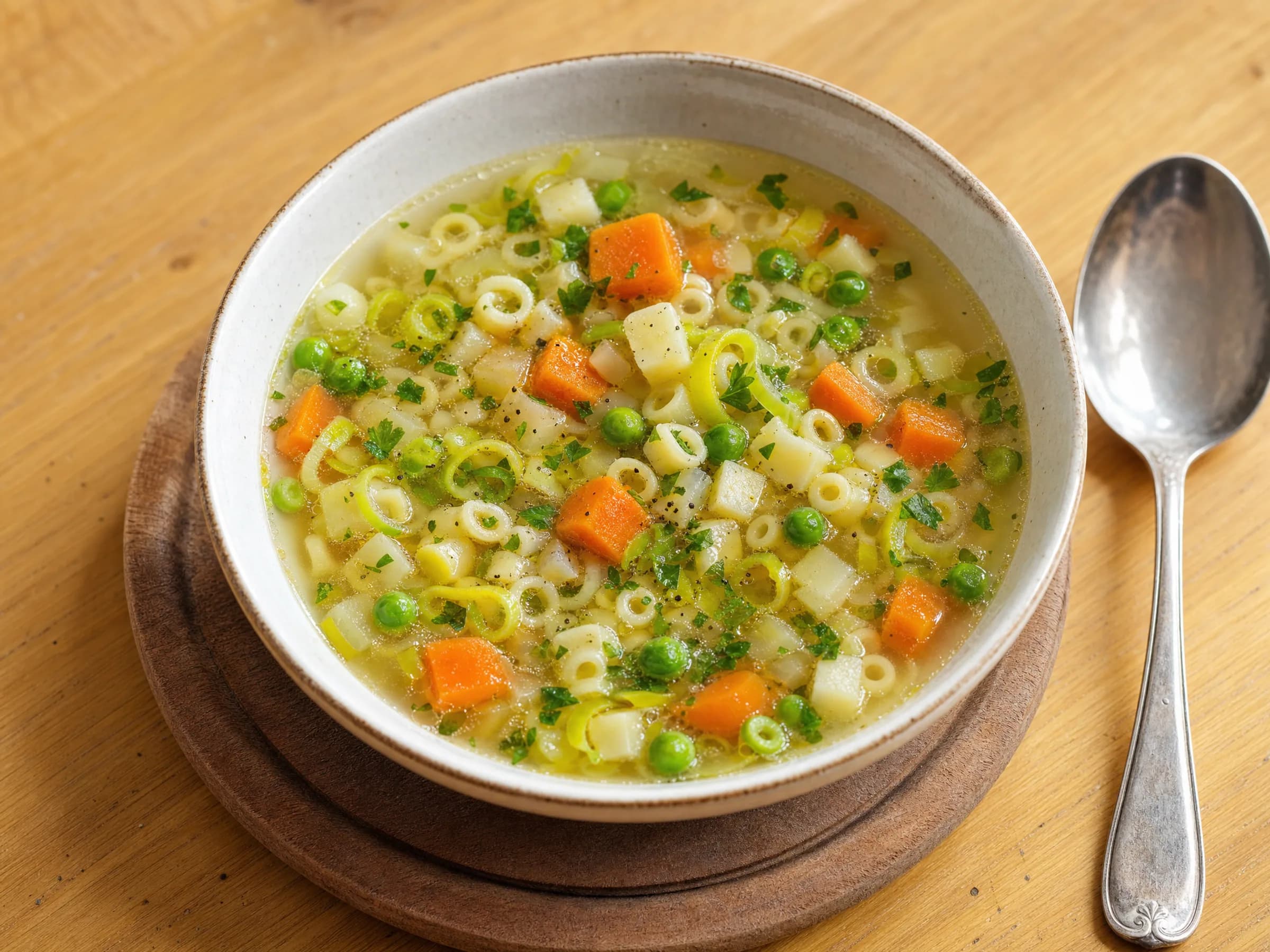 Nudelsuppe mit Gemüse und klarer Brühe Rezeptfoto Nudelsuppe mit Gemüse und klarer Brühe fertig angerichtet