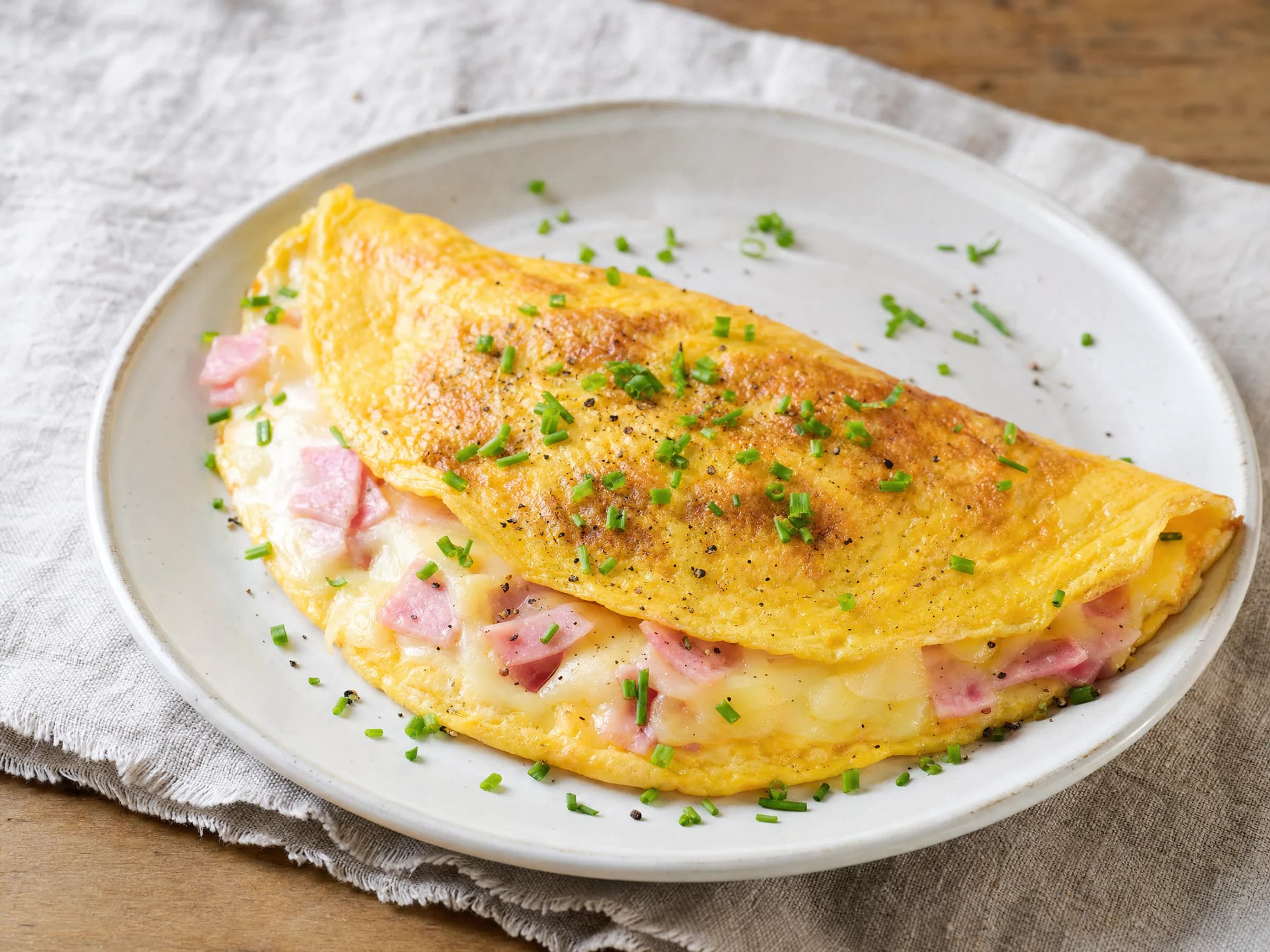 Omelette mit Schinken und Gouda aus der Pfanne Rezeptfoto Omelette mit Schinken und Gouda aus der Pfanne fertig angerichtet