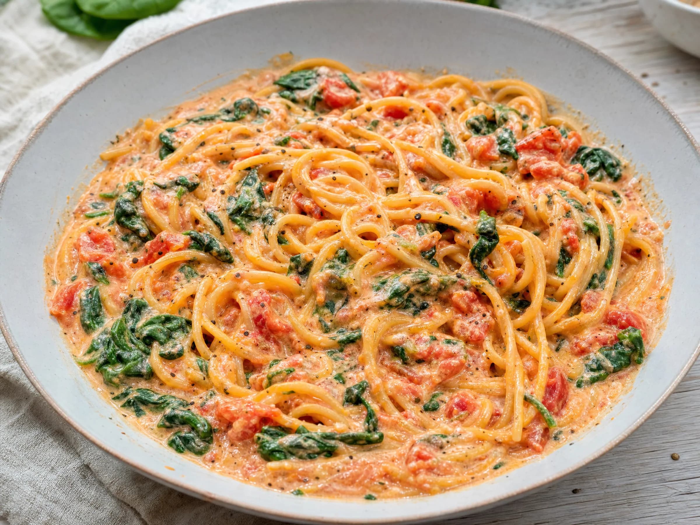 One Pot Pasta mit Spinat, Tomate und Frischkäse Rezeptfoto One Pot Pasta mit Spinat, Tomate und Frischkäse fertig angerichtet