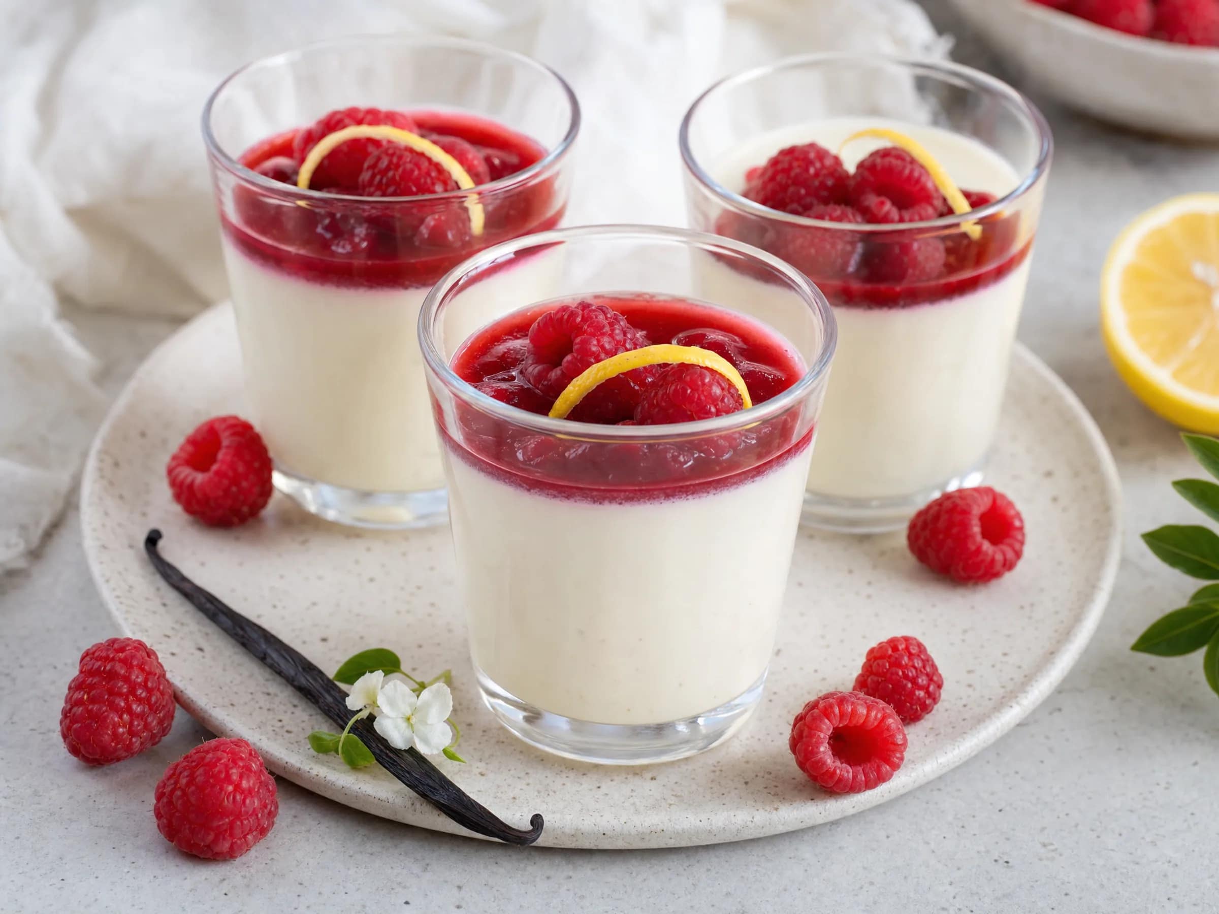 Panna Cotta im Glas mit Vanille und Himbeersauce