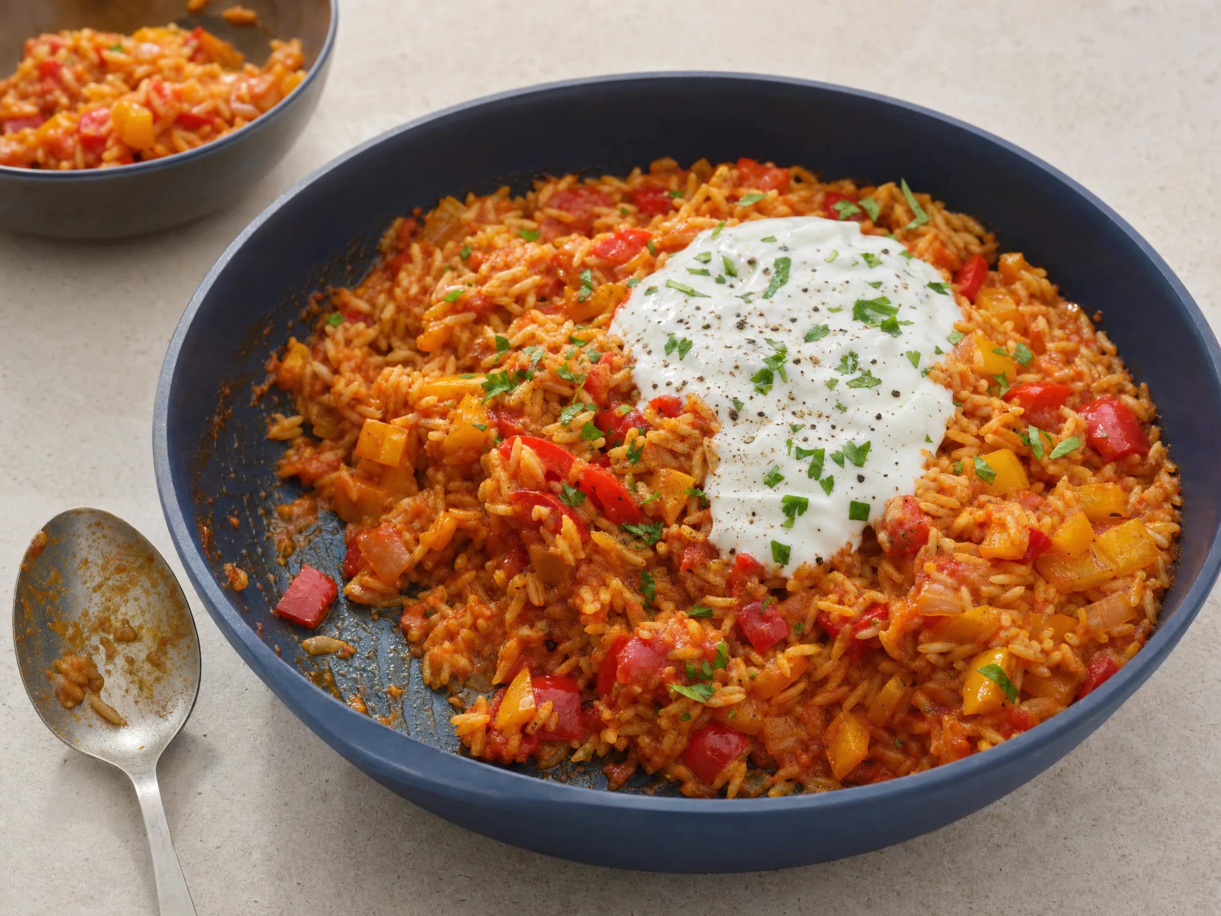 Paprika-Reispfanne mit Joghurtsoße aus einer Pfanne