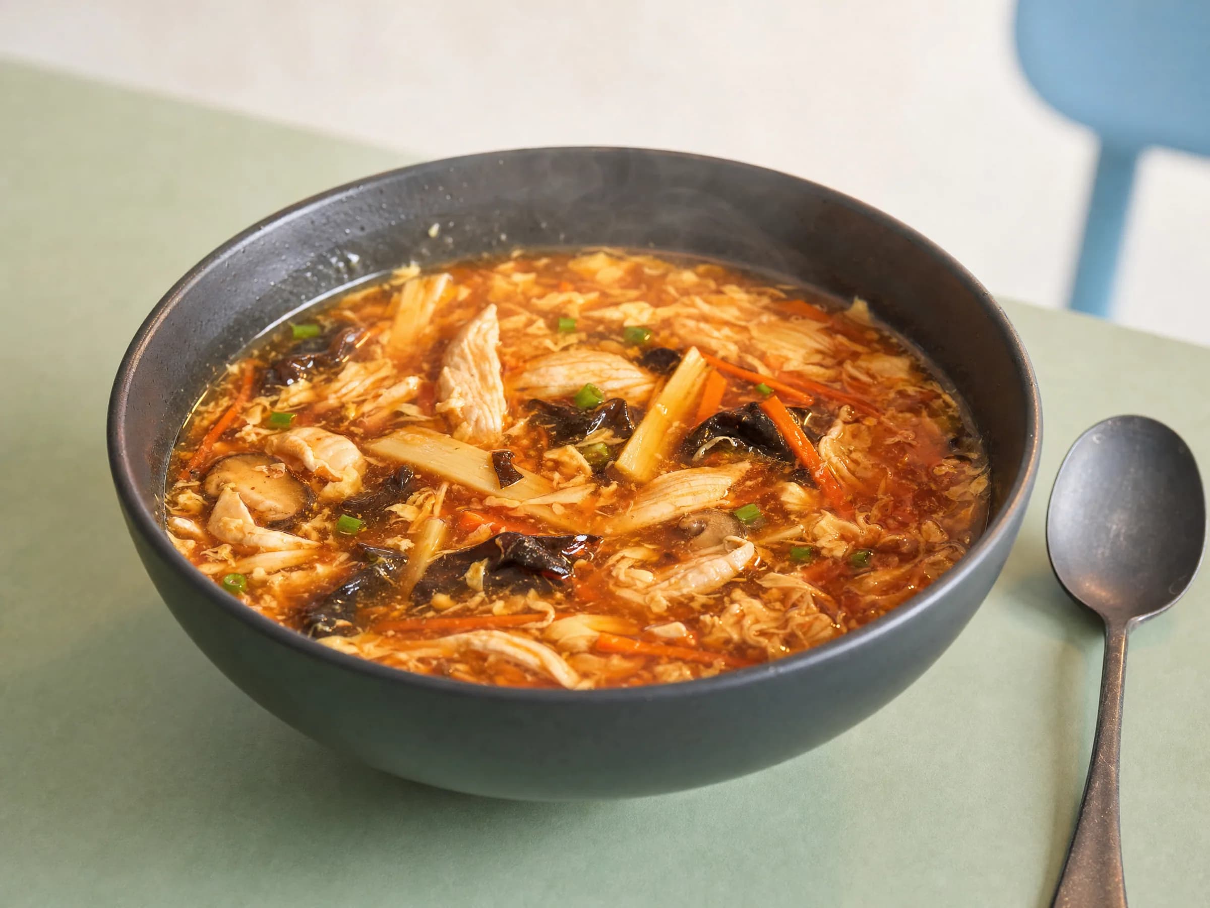 Peking-Suppe wie beim Chinesen – süß-scharf mit Eifäden Rezeptfoto Peking-Suppe wie beim Chinesen – süß-scharf mit Eifäden fertig angerichtet