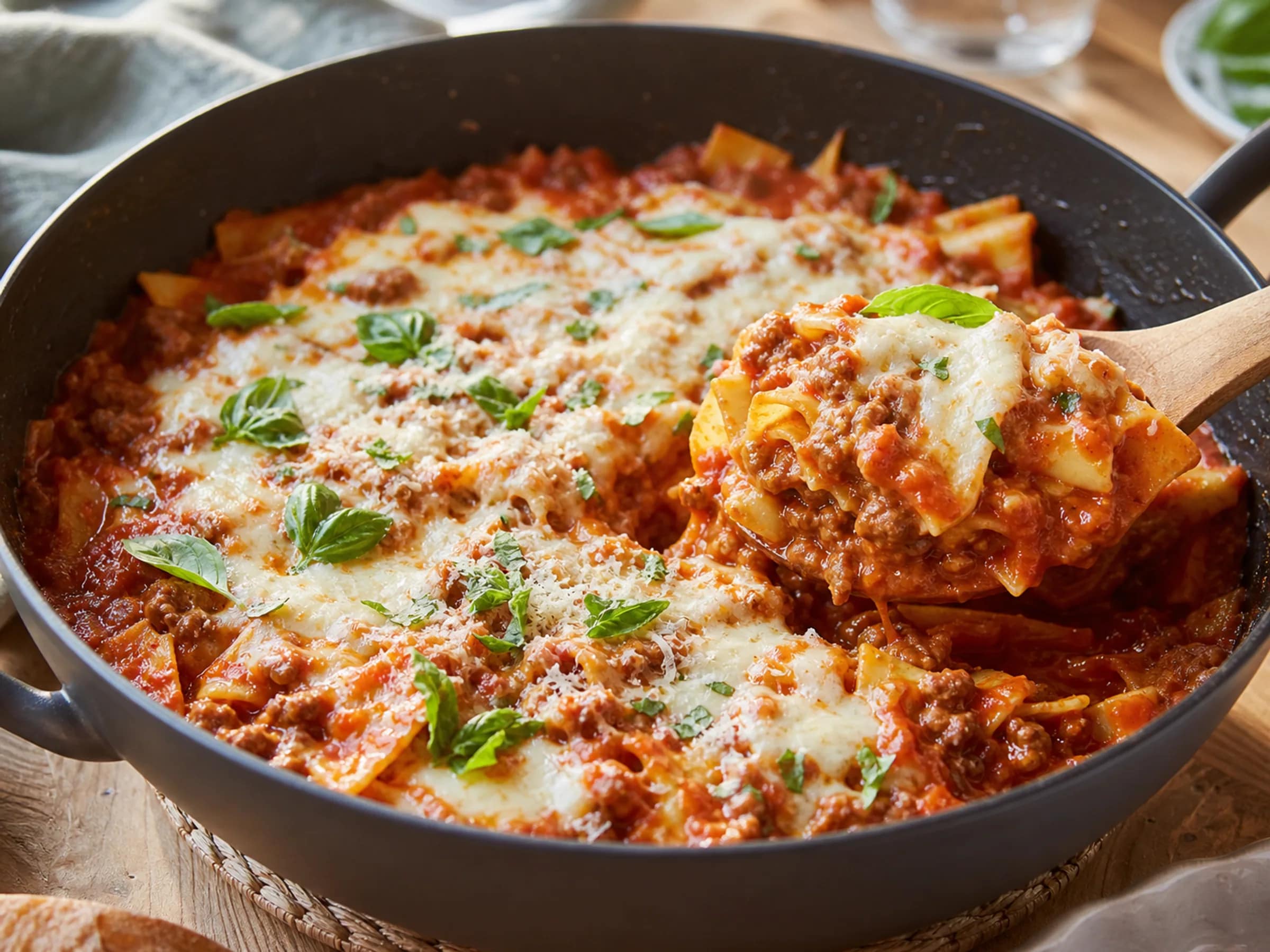 Pfannenlasagne mit Hackfleisch und Mozzarella