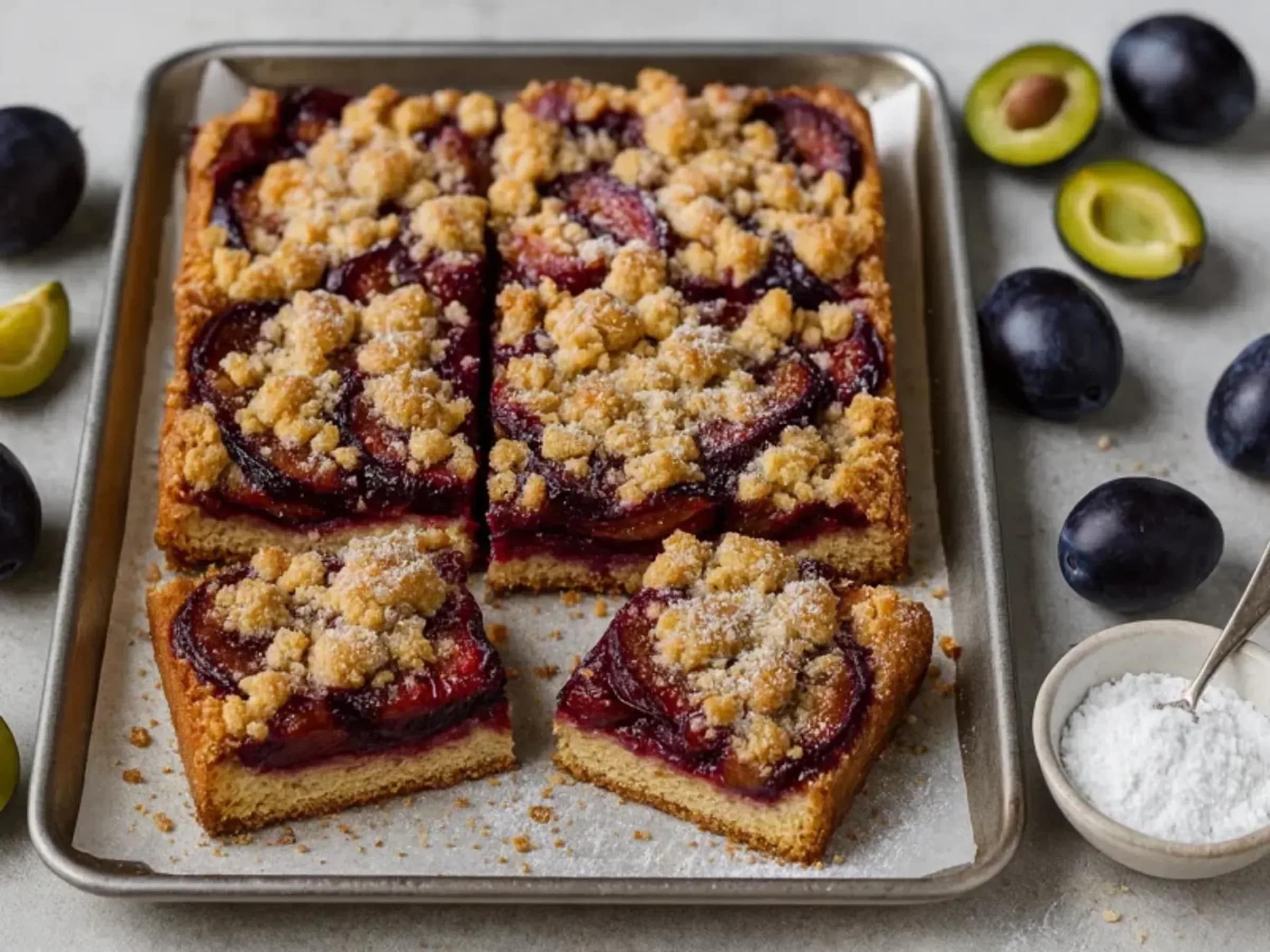 Pflaumenkuchen mit Streuseln vom Blech In Stücke geschnittener Pflaumenkuchen vom Blech mit goldenen Streuseln und Puderzucker