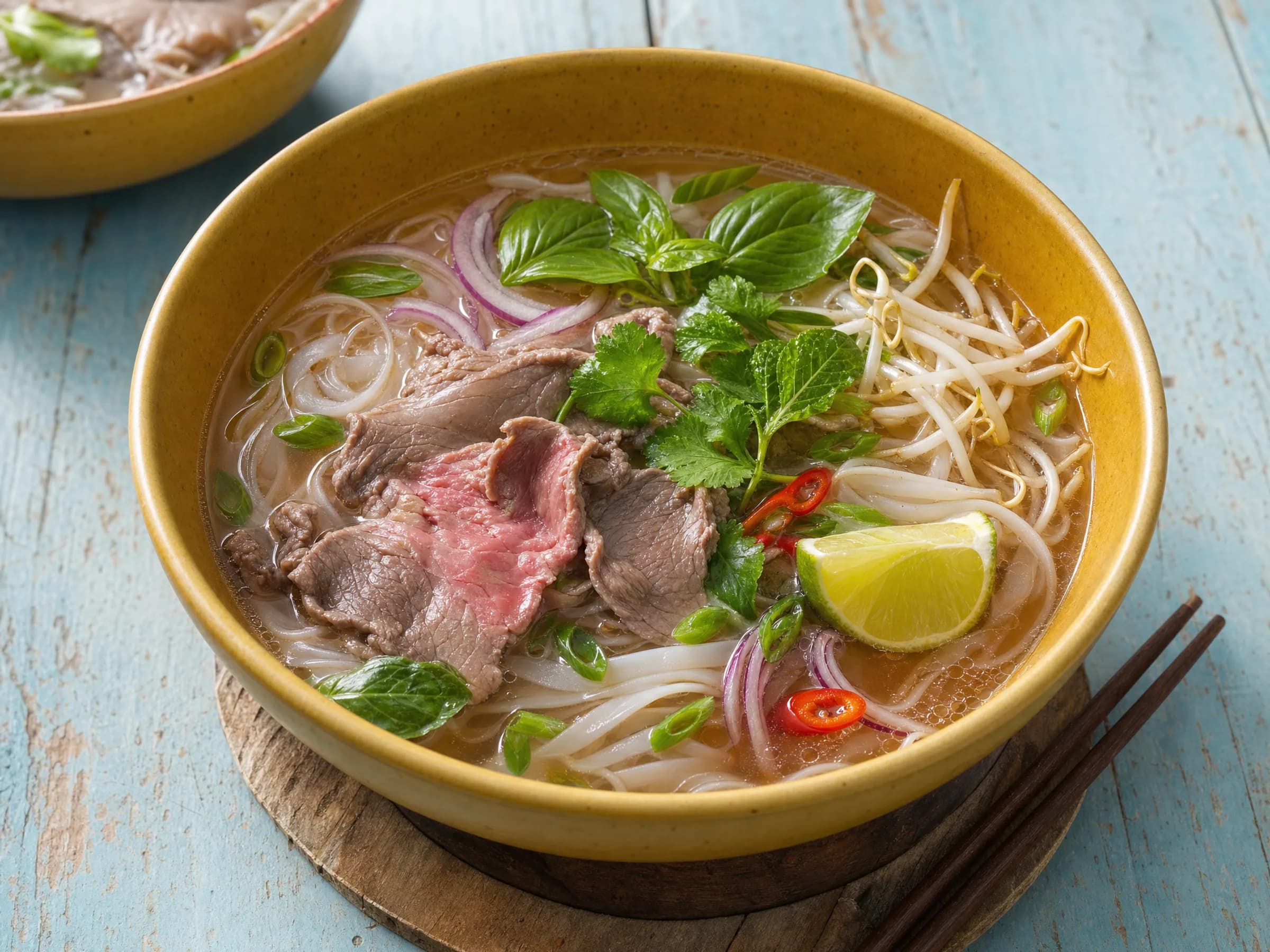 Pho Bò mit Rindfleisch und klarer Gewürzbrühe Rezeptfoto Pho Bò mit Rindfleisch und klarer Gewürzbrühe fertig angerichtet