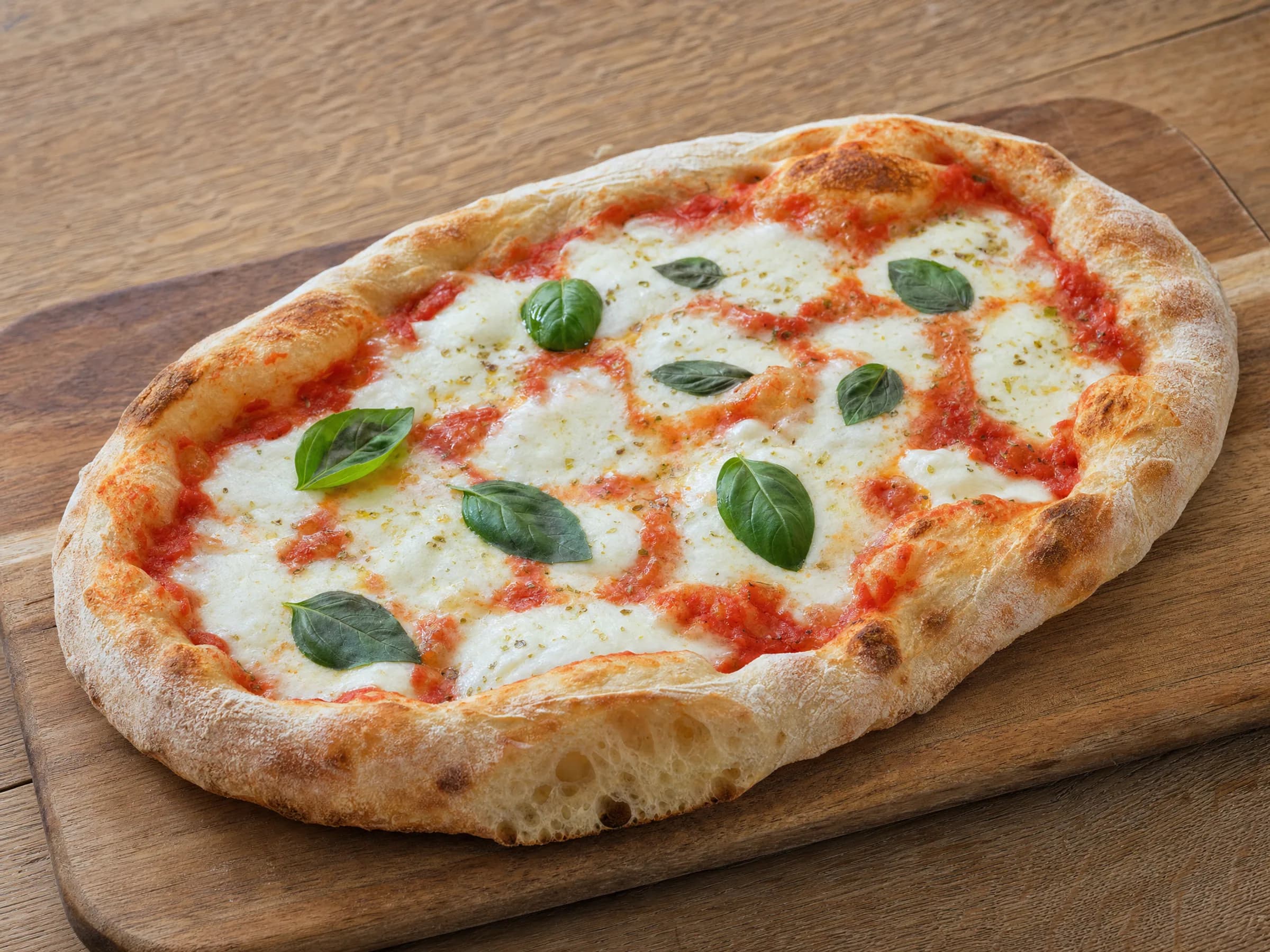 Pinsa romana mit luftigem Rand und Tomate-Mozzarella-Belag Rezeptfoto Pinsa romana mit luftigem Rand und Tomate-Mozzarella-Belag fertig angerichtet
