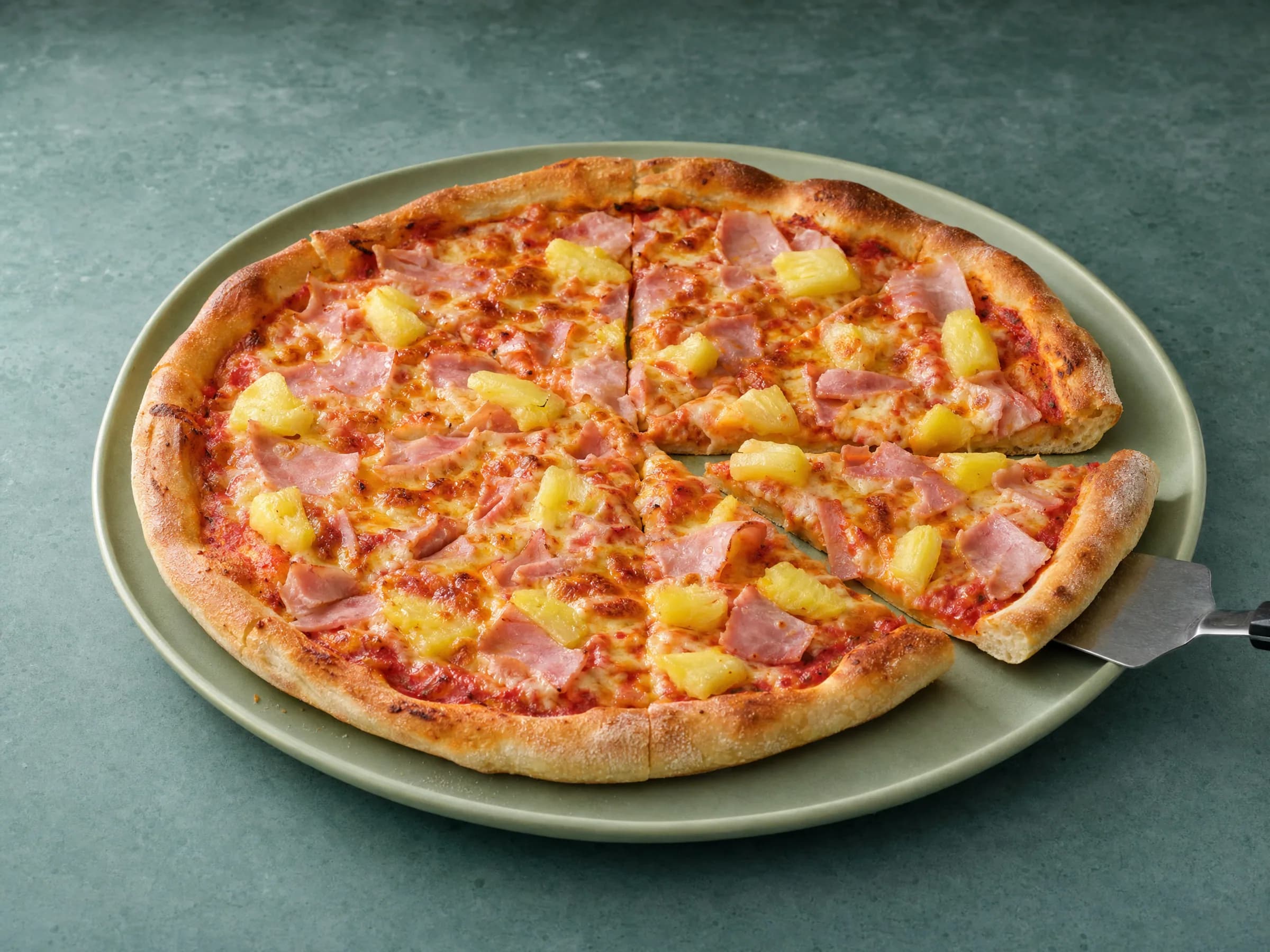 Pizza Hawaii mit Schinken und Ananas aus dem heißen Ofen Rezeptfoto Pizza Hawaii mit Schinken und Ananas aus dem heißen Ofen fertig angerichtet
