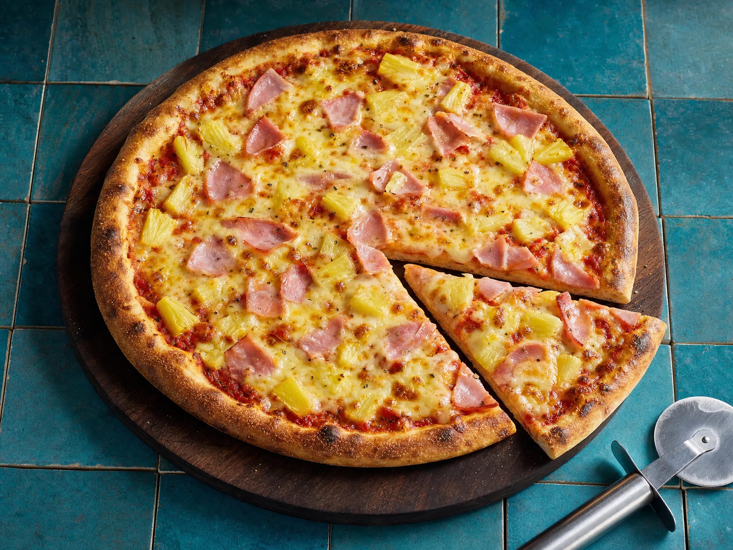 Pizza Hawaii mit Schinken und Ananas aus dem heißen Ofen Rezeptfoto Pizza Hawaii mit Schinken und Ananas aus dem heißen Ofen fertig angerichtet