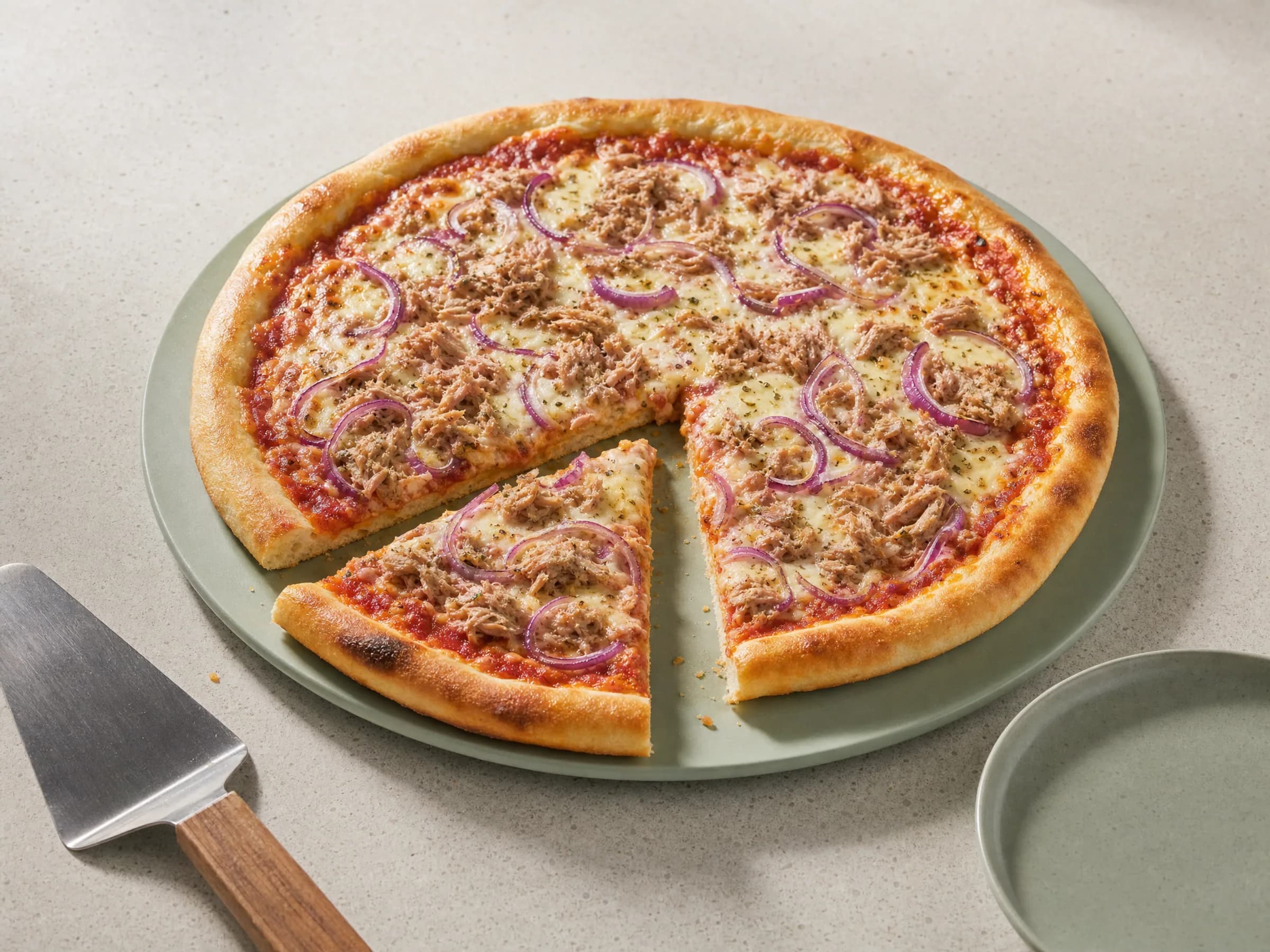 Pizza mit Thunfisch, Zwiebeln und Hefeteig Rezeptfoto Pizza mit Thunfisch, Zwiebeln und Hefeteig fertig angerichtet