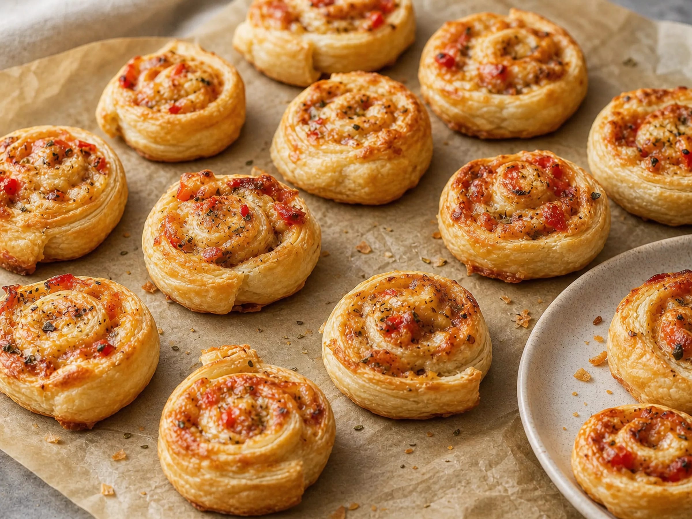 Knusprige Blätterteig-Pizzaschnecken Goldbraune Pizzaschnecken aus Blätterteig mit Tomaten-Creme, Käse und Paprika