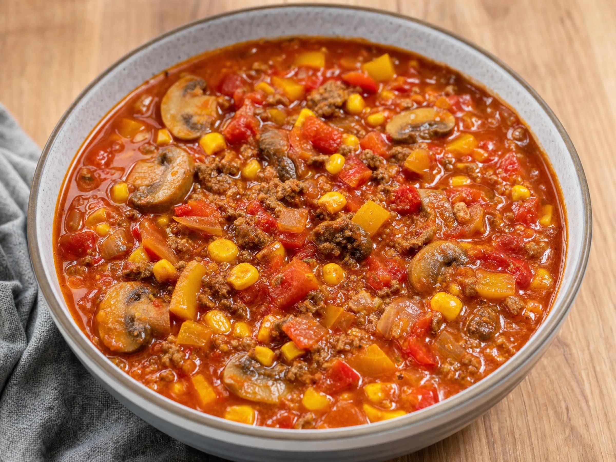 Pizzasuppe mit Hackfleisch, Paprika und Champignons