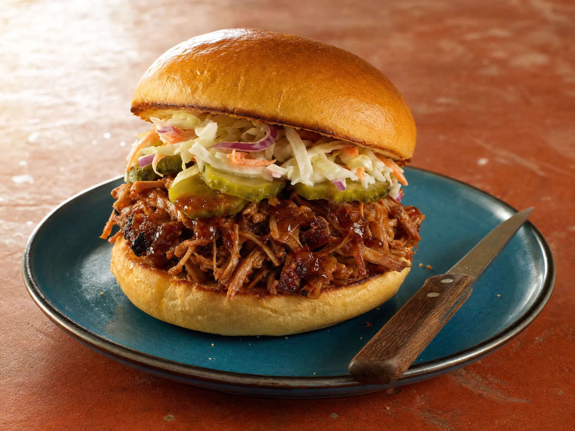 Pulled Pork Burger mit Coleslaw und Gewürzgurken Rezeptfoto Pulled Pork Burger mit Coleslaw und Gewürzgurken fertig angerichtet