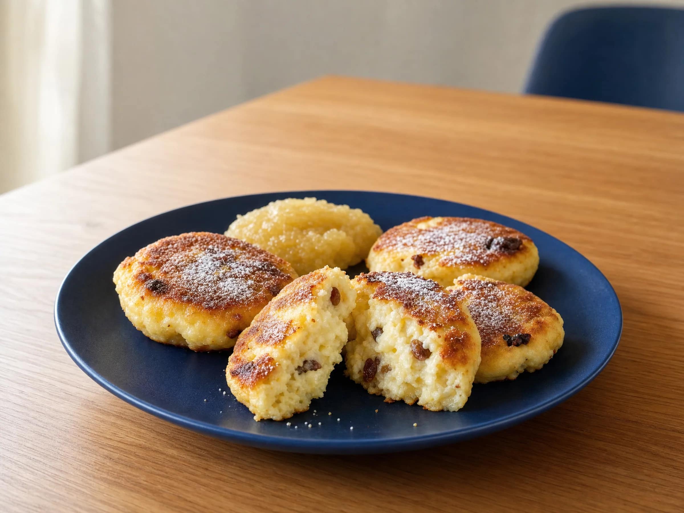 Quarkkeulchen aus der Pfanne – sächsisch mit Kartoffeln Rezeptfoto Quarkkeulchen aus der Pfanne – sächsisch mit Kartoffeln fertig angerichtet