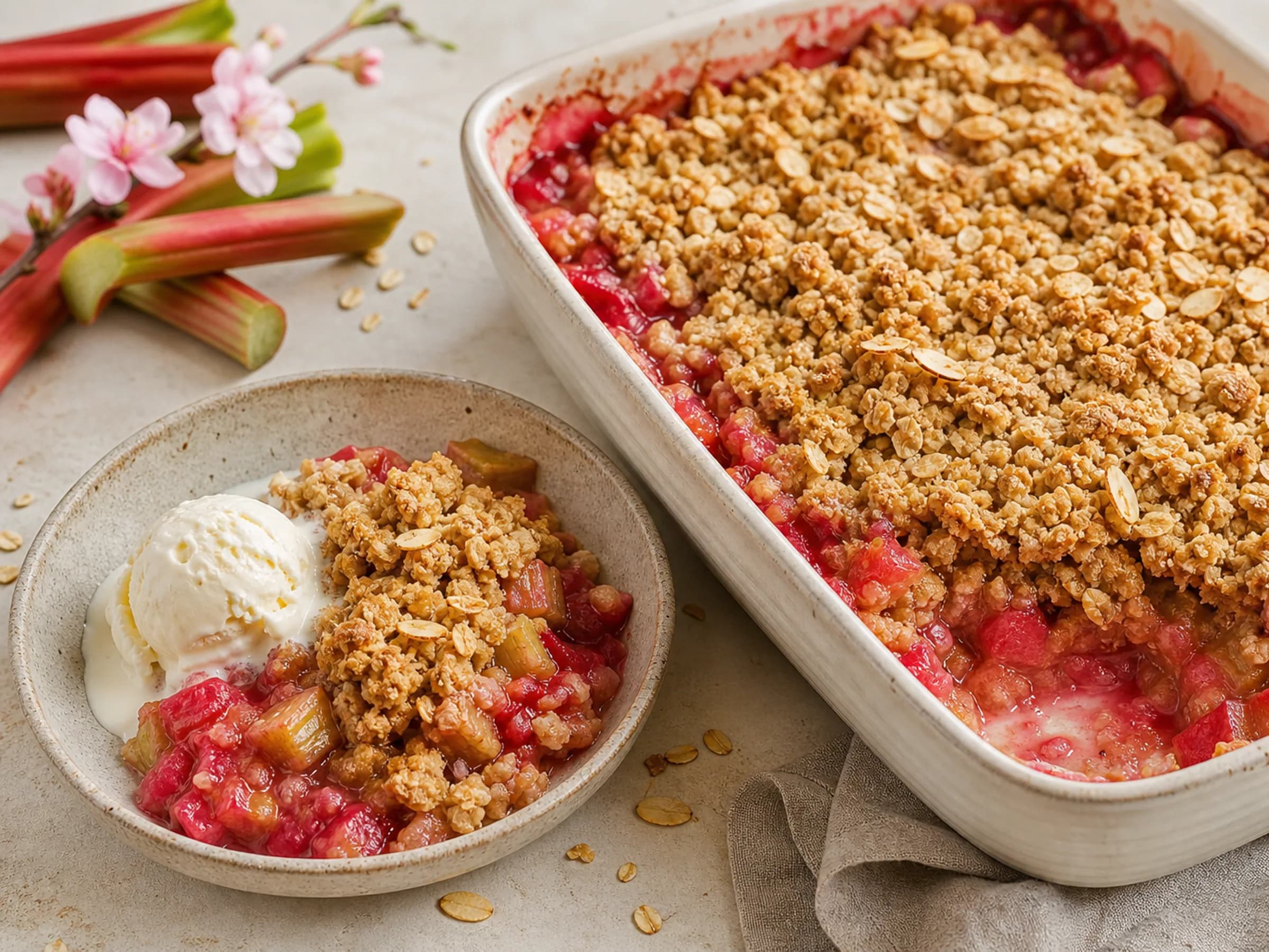 Rhabarber-Crumble mit knusprigen Streuseln Rhabarber-Crumble mit Haferflocken-Streuseln in der Auflaufform und einer Portion mit Eis