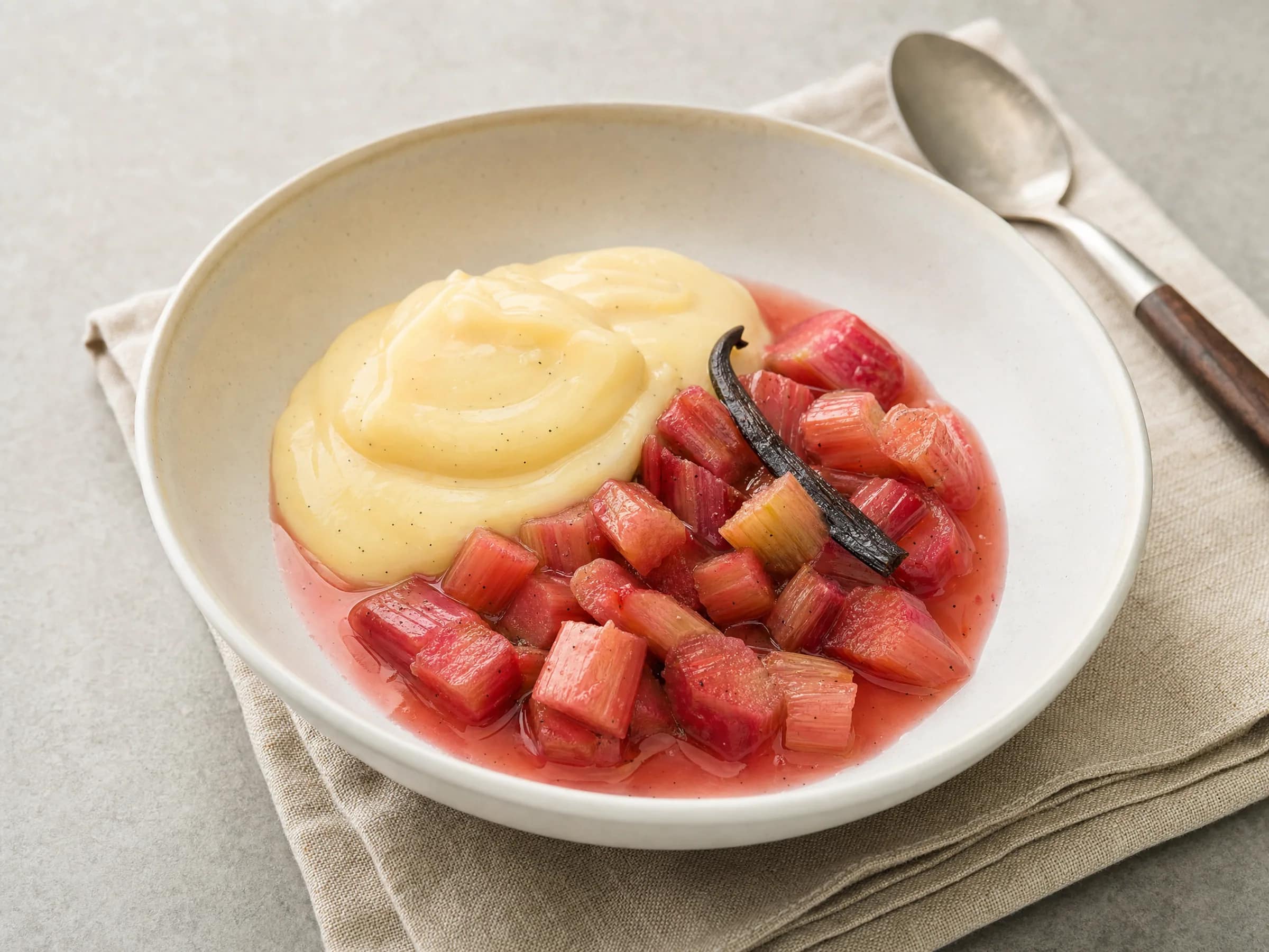 Rhabarberkompott mit Vanille und kurzer Kochzeit Rezeptfoto Rhabarberkompott mit Vanille und kurzer Kochzeit fertig angerichtet