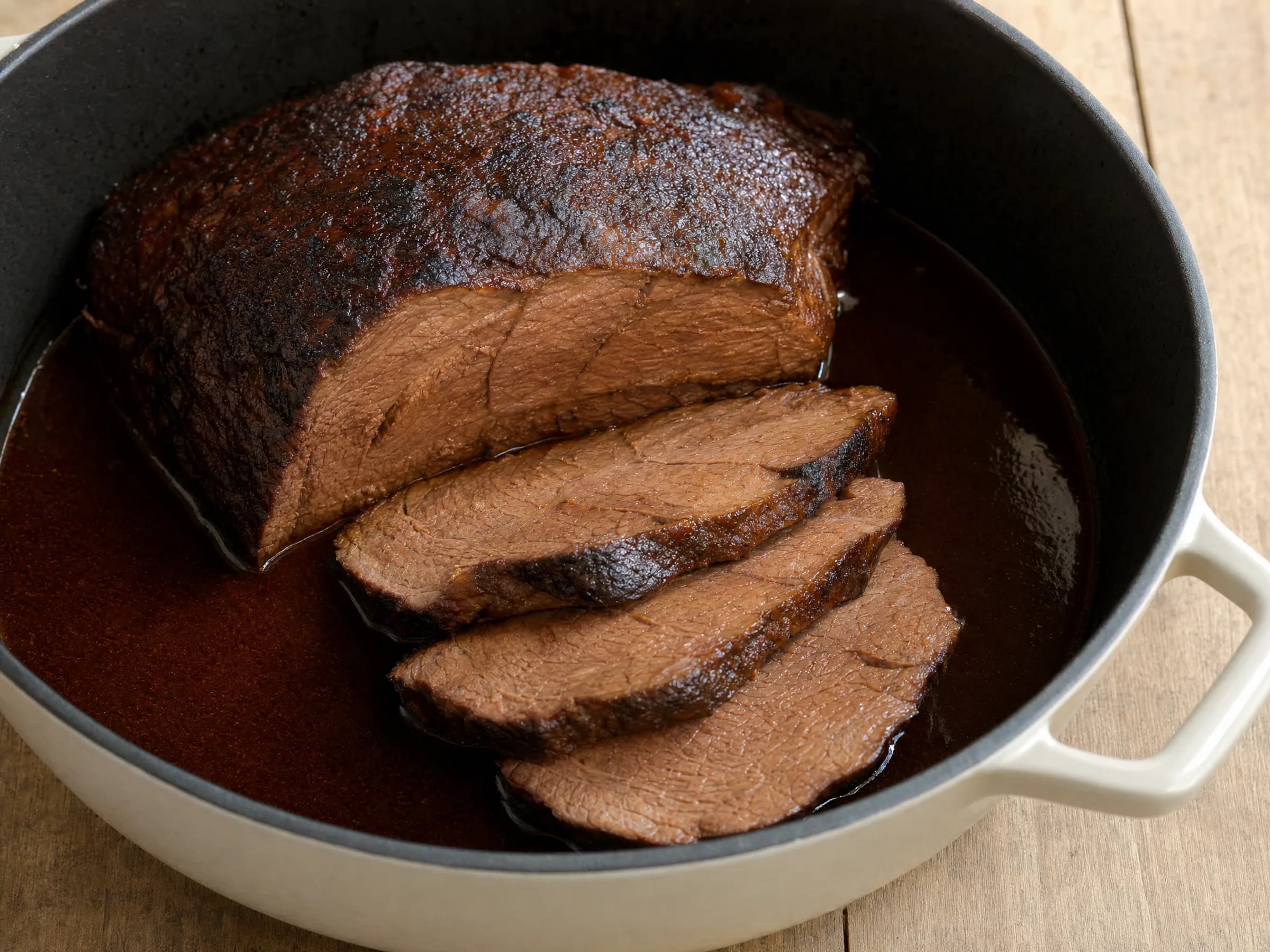 Rinderbraten im Backofen – zart geschmort mit dunkler Sauce Rezeptfoto Rinderbraten im Backofen – zart geschmort mit dunkler Sauce fertig angerichtet
