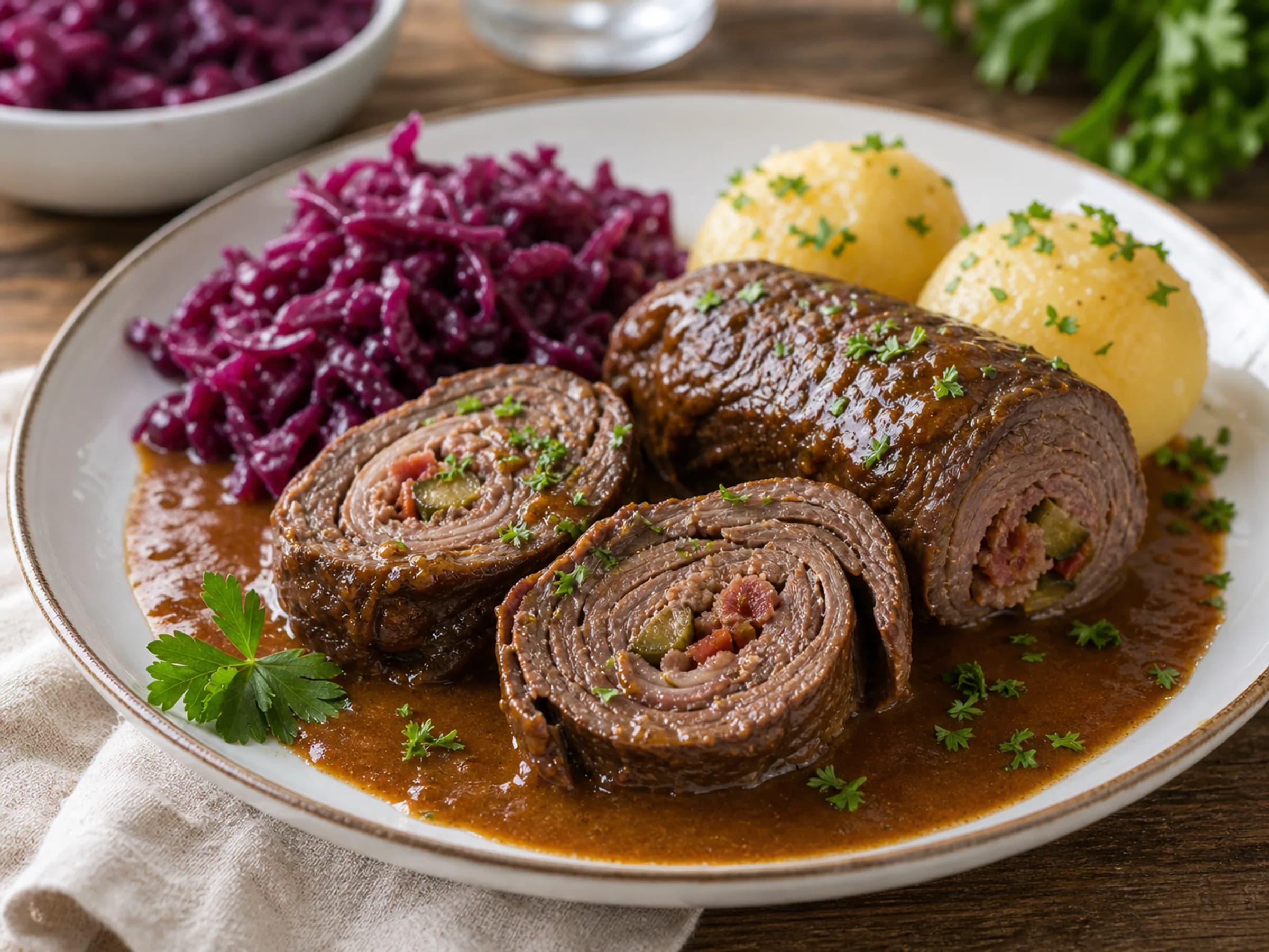 Rinderrouladen mit kräftiger Sauce Klassische Rinderrouladen in brauner Sauce mit sichtbarer Füllung auf dem Teller