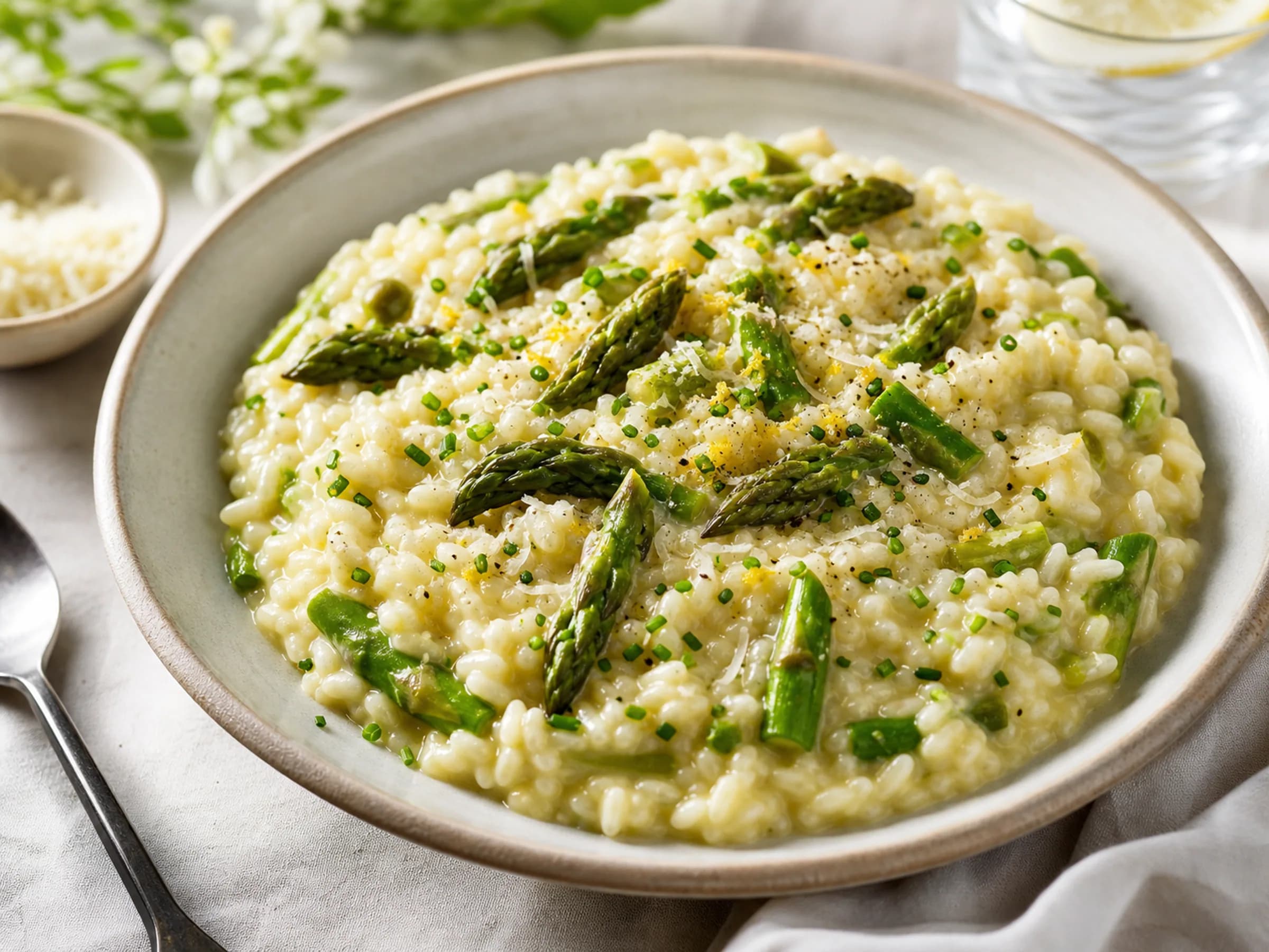 Spargelrisotto mit Parmesan und Zitrone Cremiges Risotto mit grünem Spargel, Parmesan und feinem Zitronenabrieb