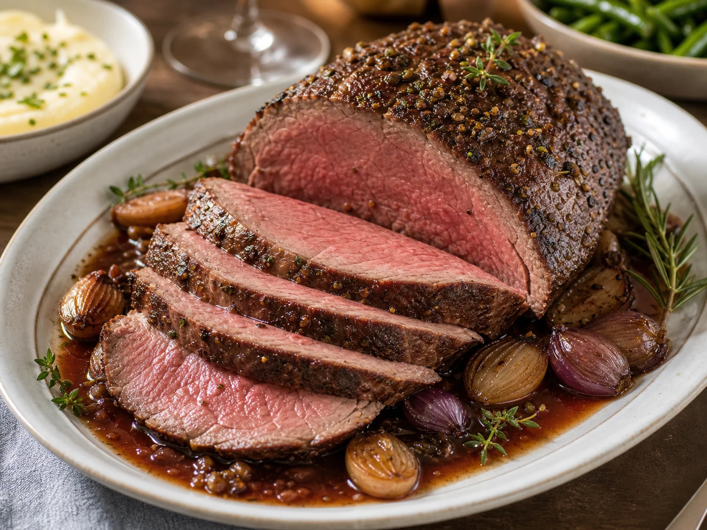 Rosa Roastbeef mit Rotwein-Jus Rosa aufgeschnittenes Roastbeef mit Schalotten-Rotwein-Jus auf einem Teller
