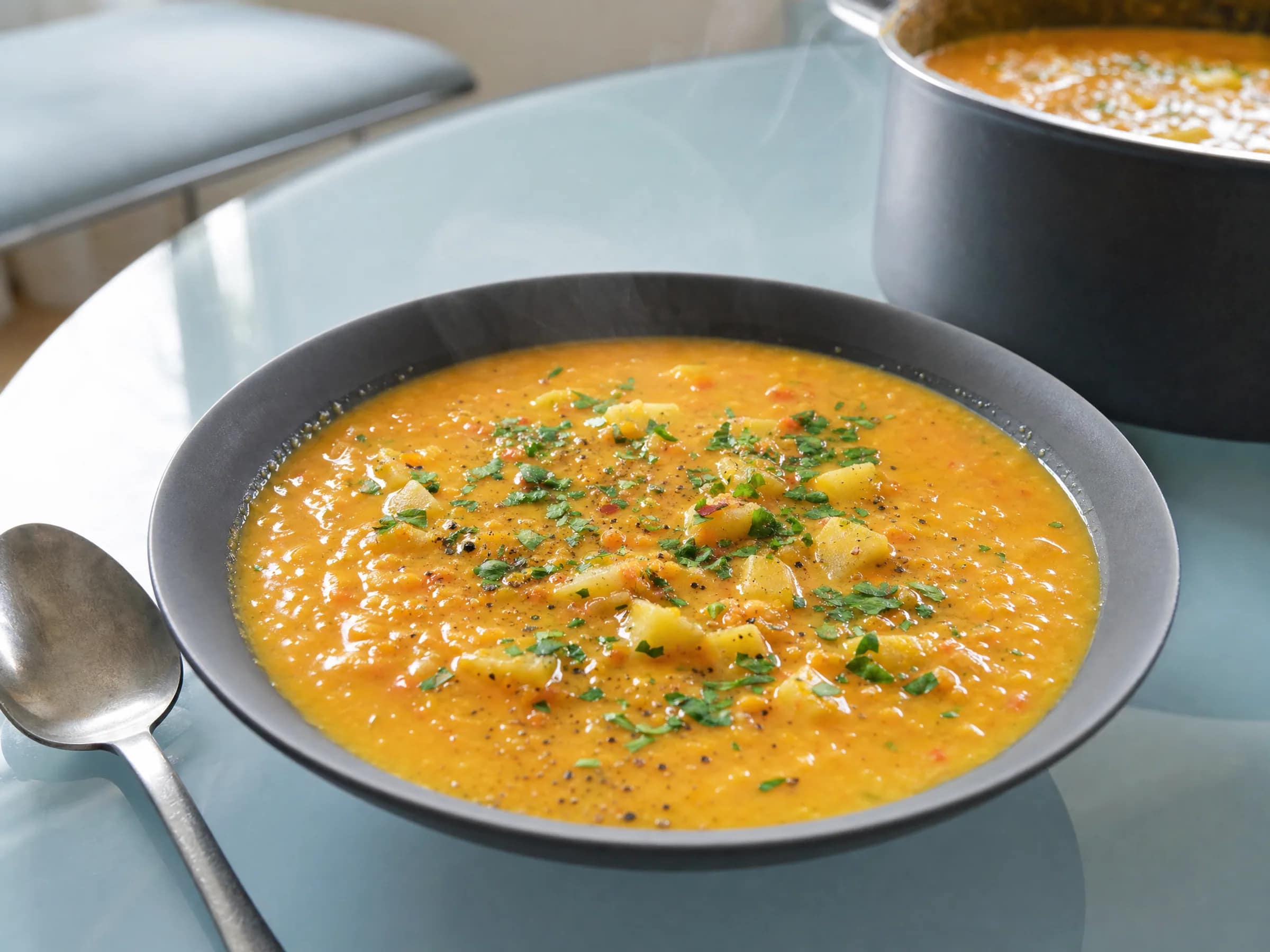 Rote-Linsen-Suppe mit Kokosmilch und Kartoffeln Rezeptfoto Rote-Linsen-Suppe mit Kokosmilch und Kartoffeln fertig angerichtet