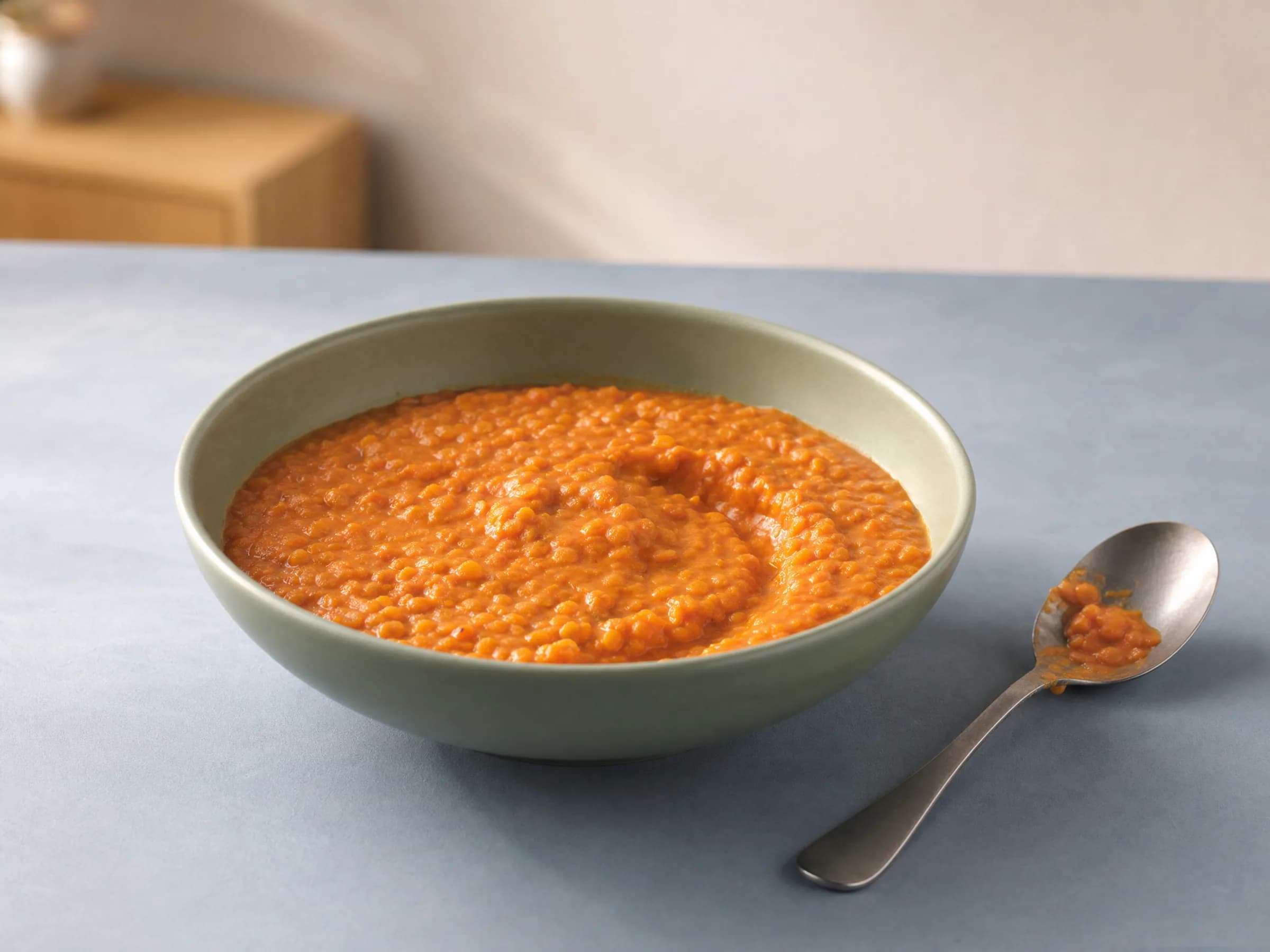 Rotes Linsen-Dal mit Kokosmilch und Tomaten Rezeptfoto Rotes Linsen-Dal mit Kokosmilch und Tomaten fertig angerichtet