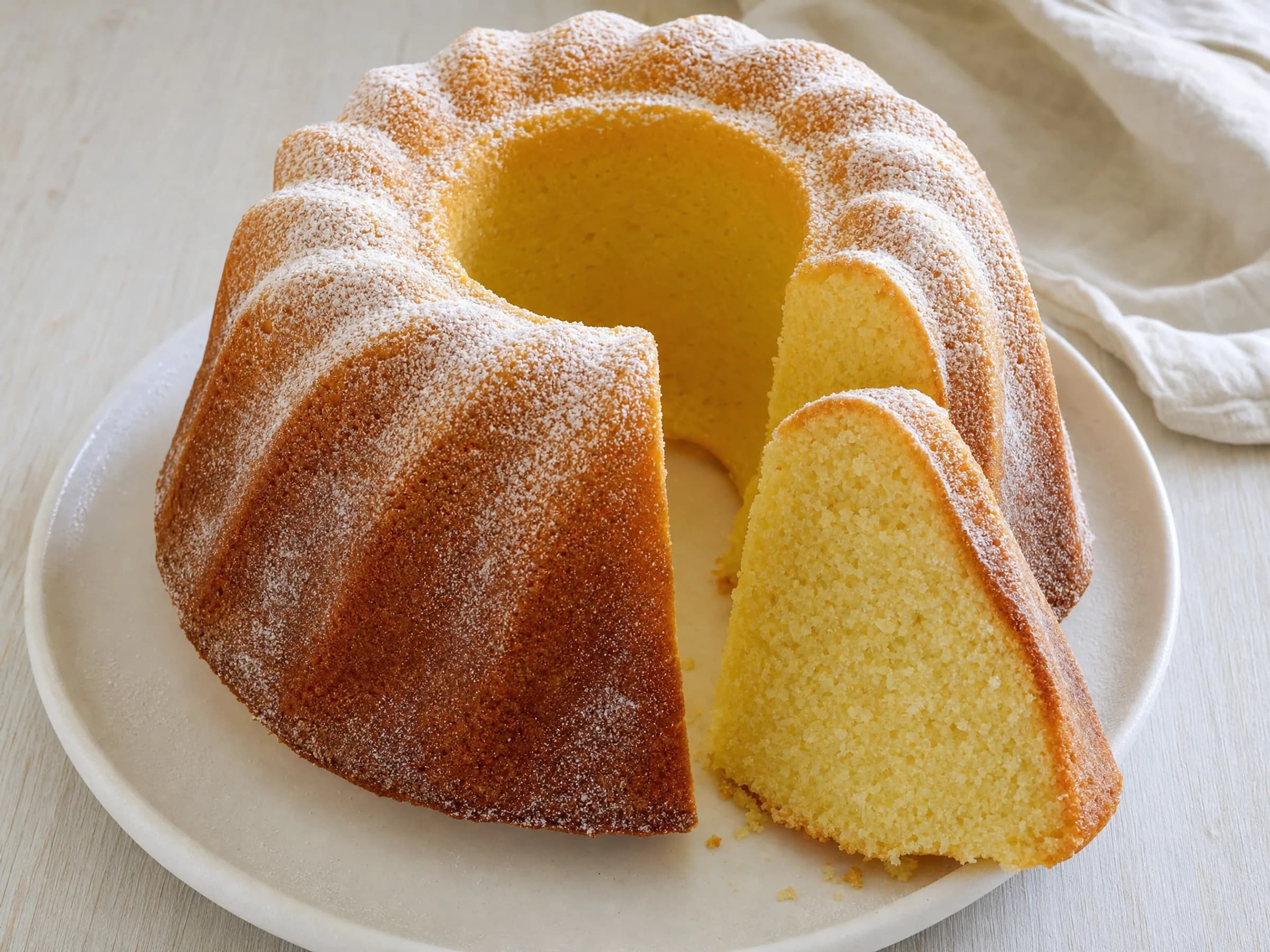 Rührkuchen aus der Gugelhupfform mit Butter und Vanille Rezeptfoto Rührkuchen aus der Gugelhupfform mit Butter und Vanille fertig angerichtet
