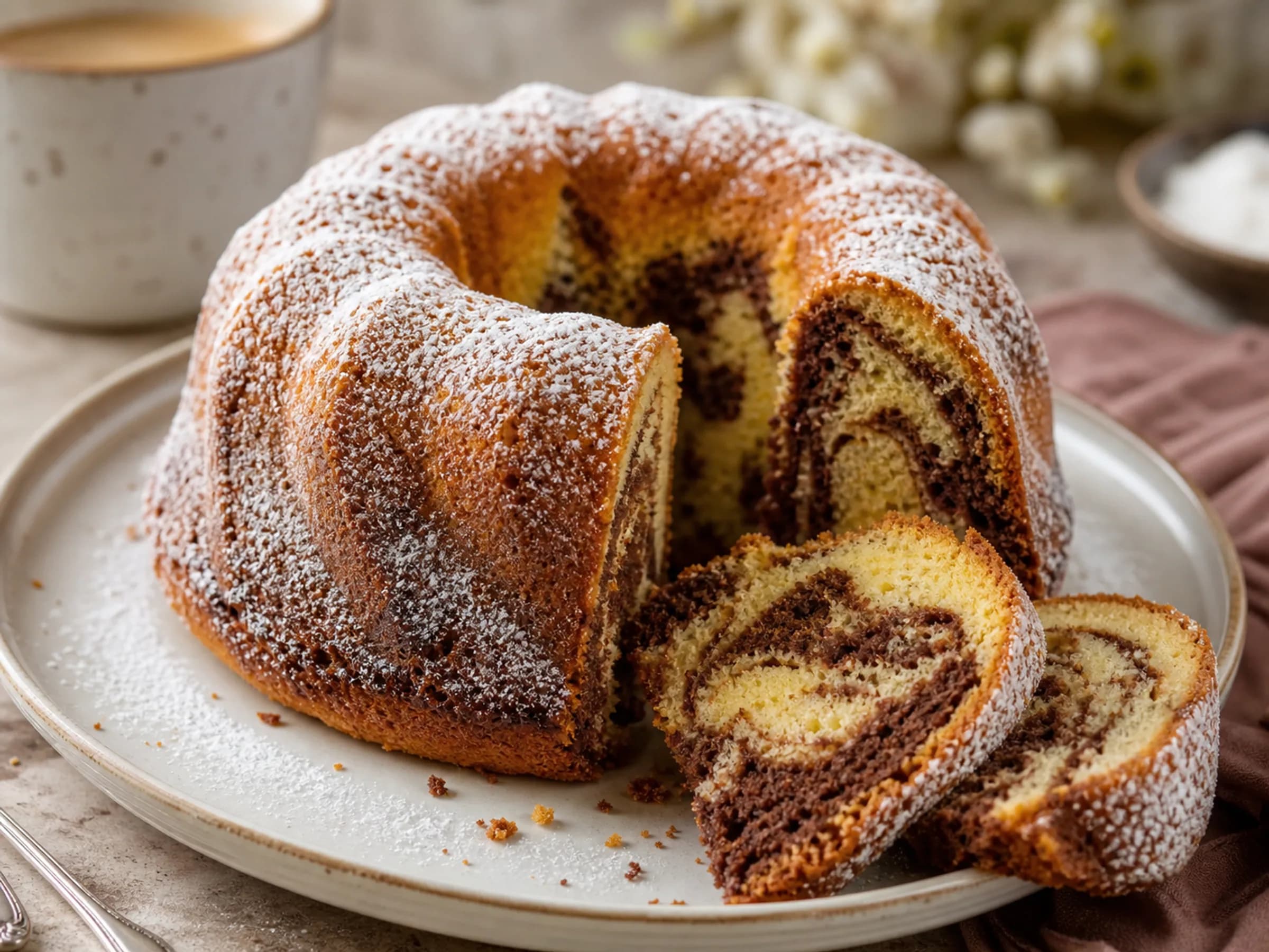 Saftiger Marmorkuchen aus der Gugelhupfform Angeschnittener Marmorkuchen aus der Gugelhupfform mit sichtbarer heller und dunkler Marmorierung
